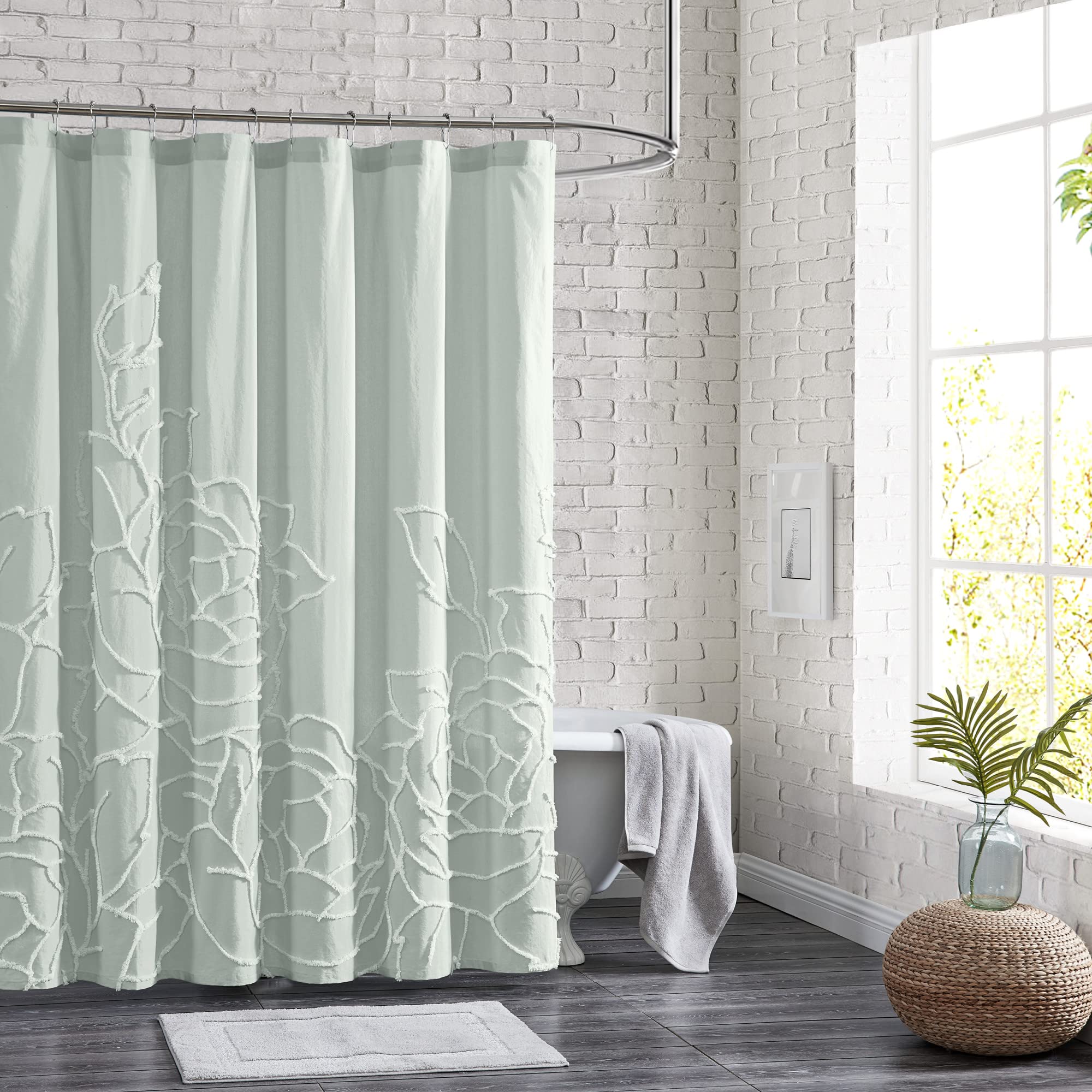 Peri Home Chenille Rose Cotton Shower Curtain | Green, 72 x 72
