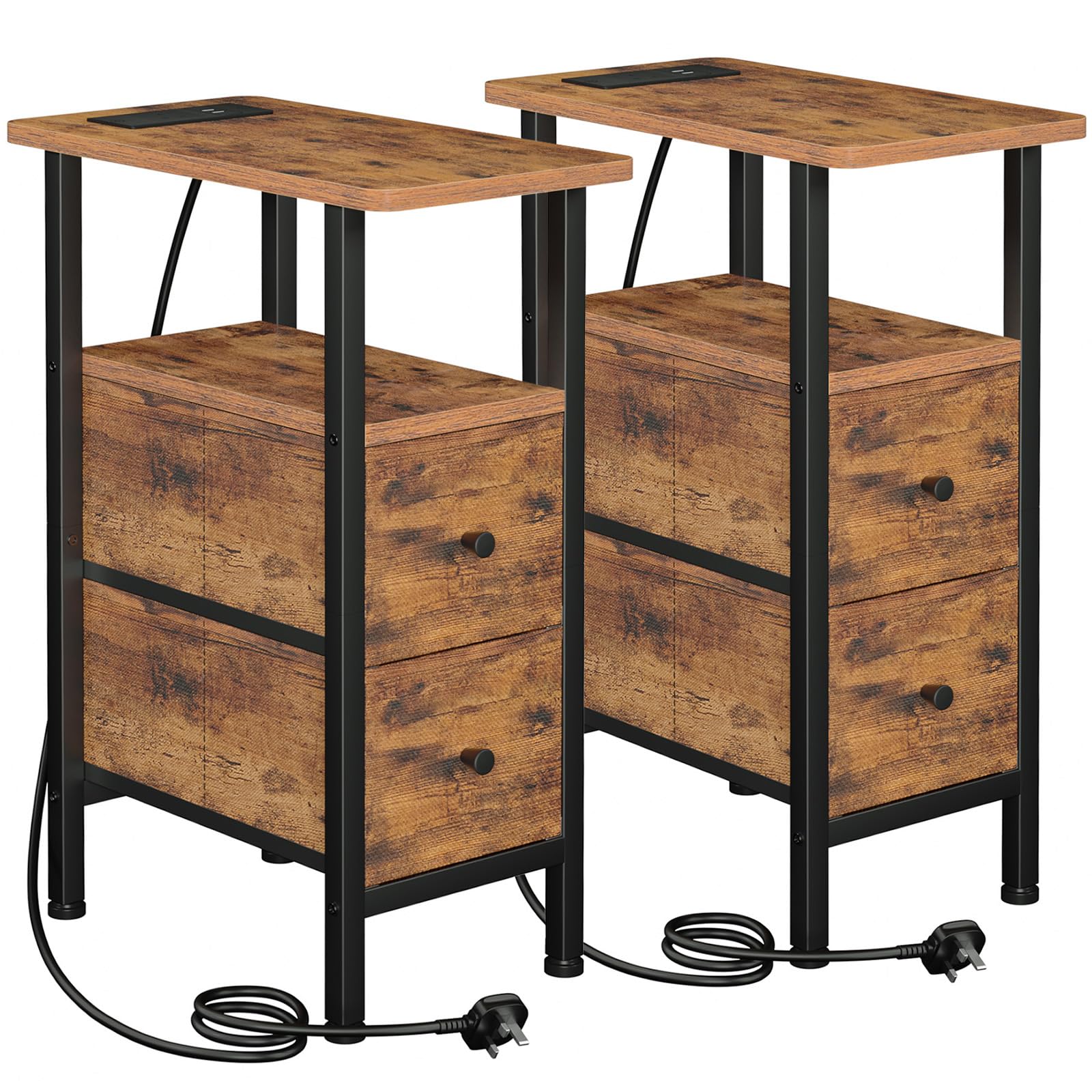 LOAKEKEL Slim Bedside Table Set of 2 with Charging Station and Drawers