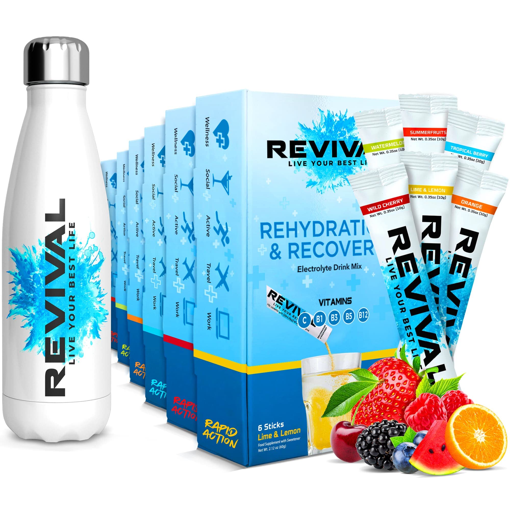Revival Rehydration Hero Pack: 500ml Steel Bottle & 36 Electrolyte Sticks