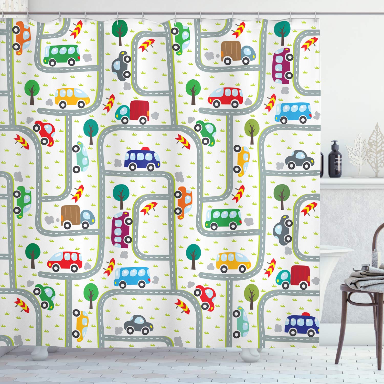 ABAKUHAUS Kids Cars Shower Curtain – Waterproof Fabric Traffic Theme