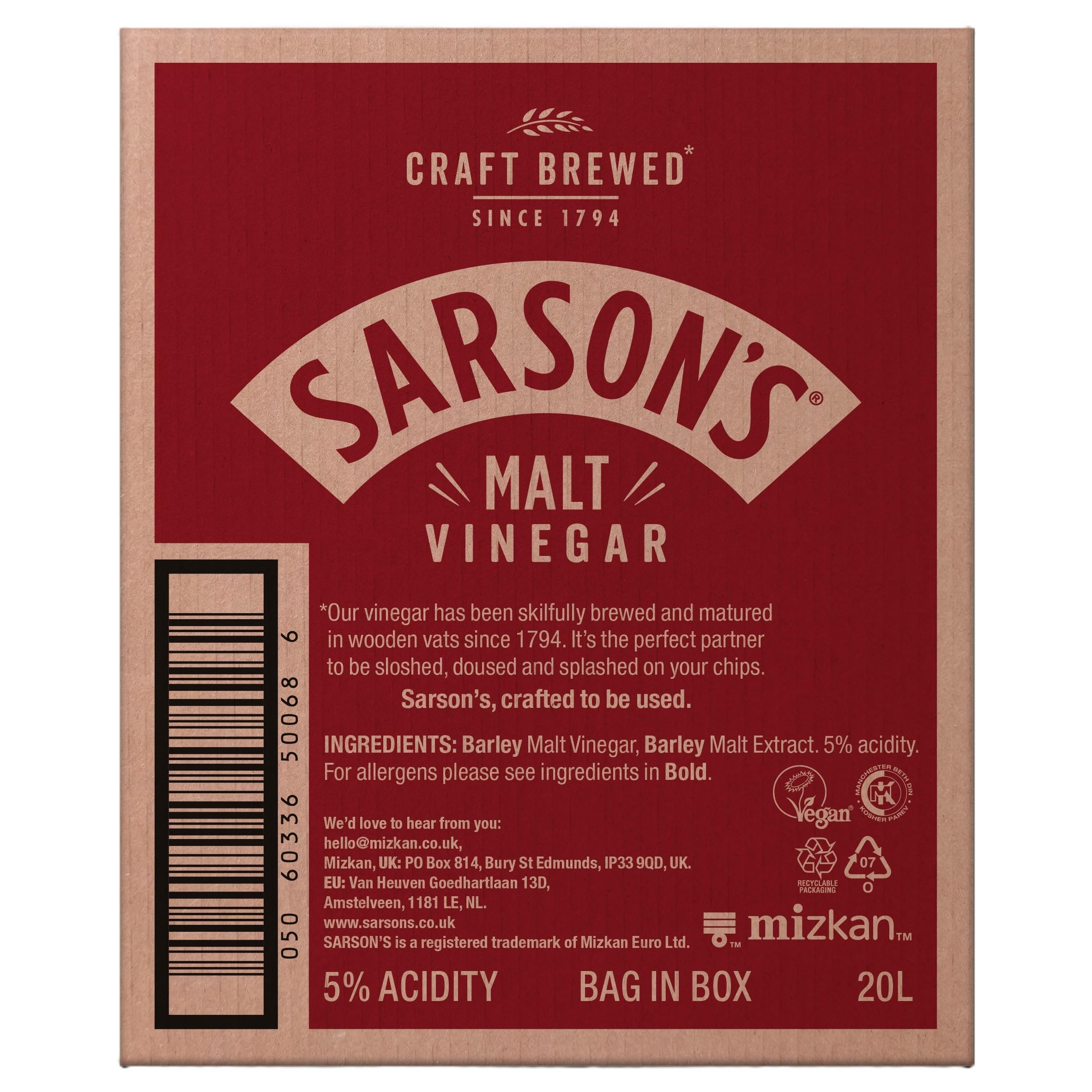 Sarson's Malt Vinegar – Traditional British Recipe – 20L Bulk Container