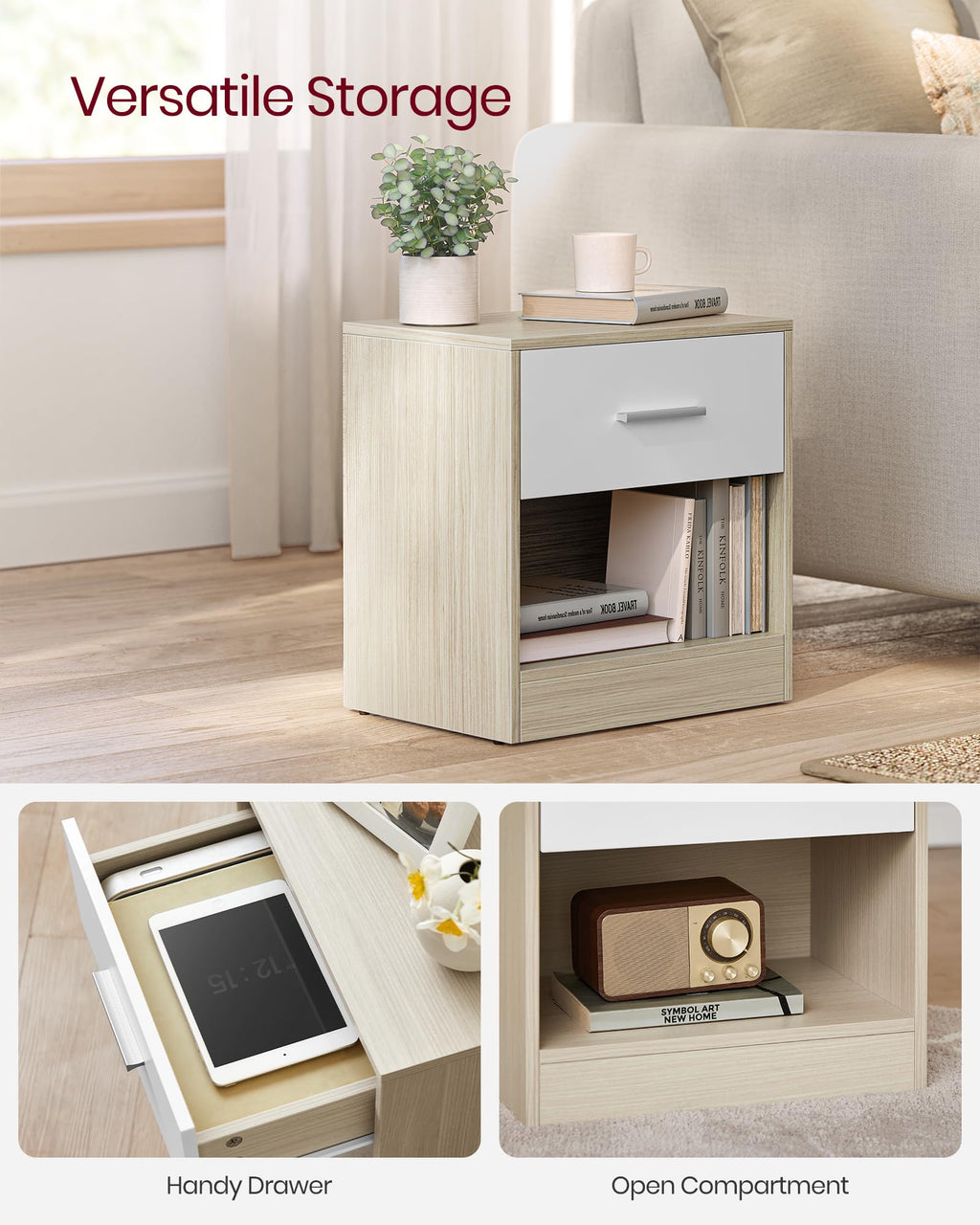 VASAGLE Bamboo Bedside Tables, Set of 2 – Modern Nightstands with Drawers