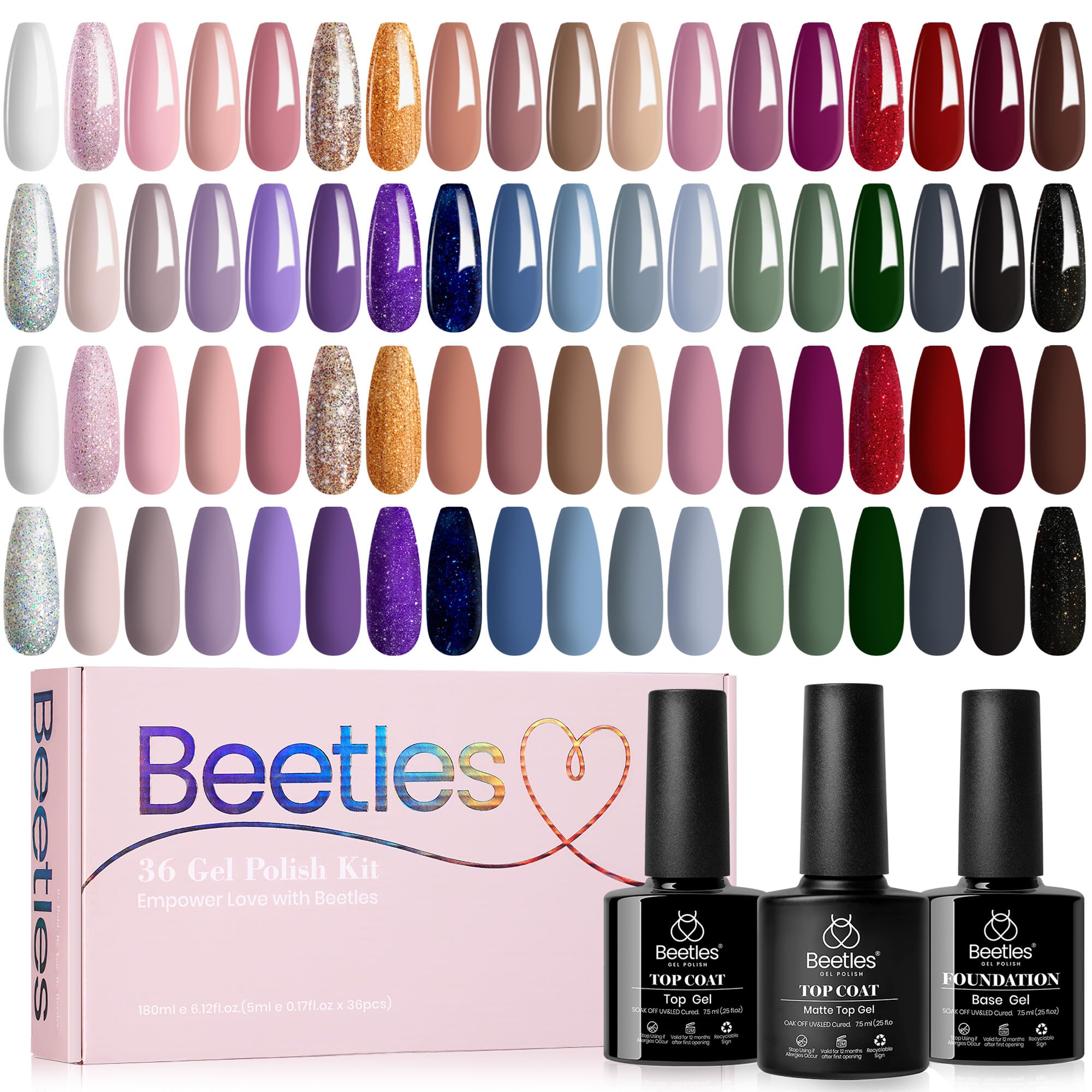 Beetles 36 Color Gel Nail Polish Kit with Base, Glossy & Matte Top Coat