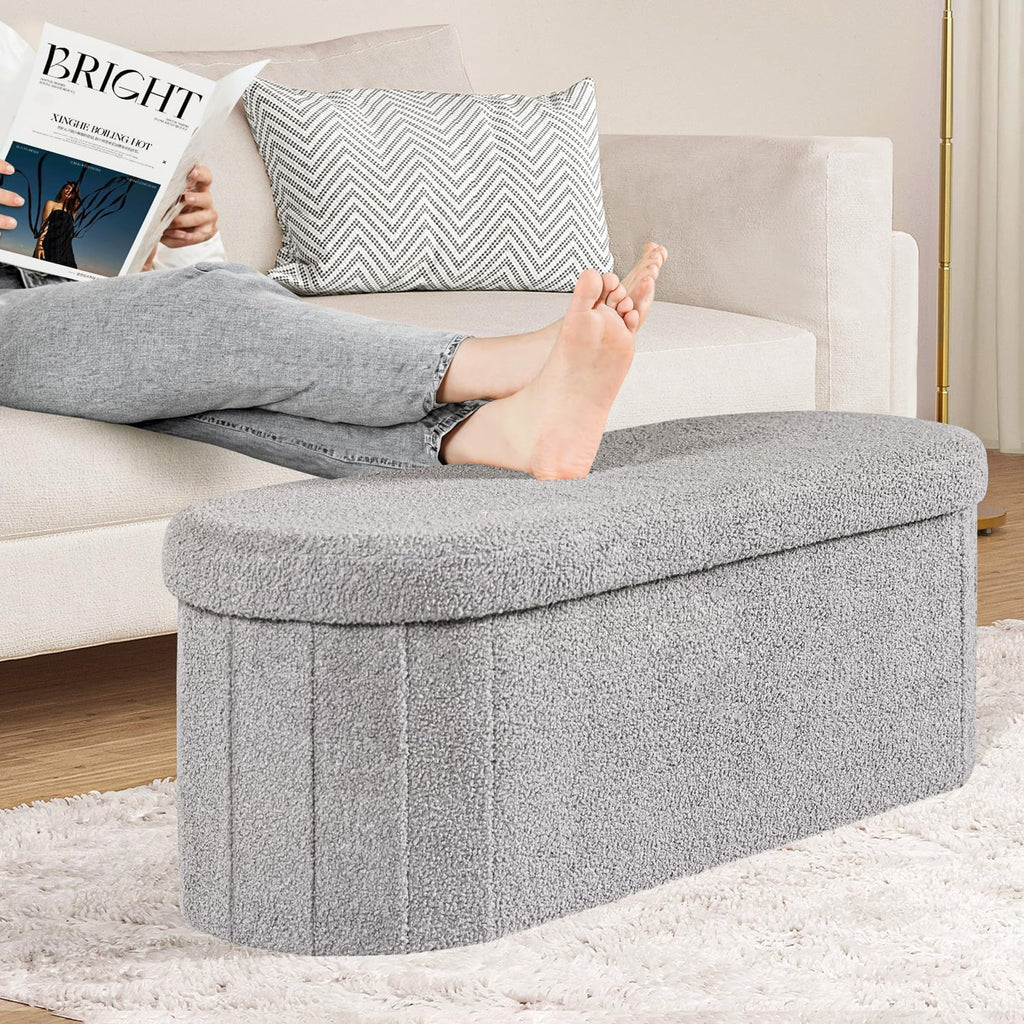 PINPLUS Foldable Oval Ottoman Storage Bench, Grey, 110x38x38 cm - image 5