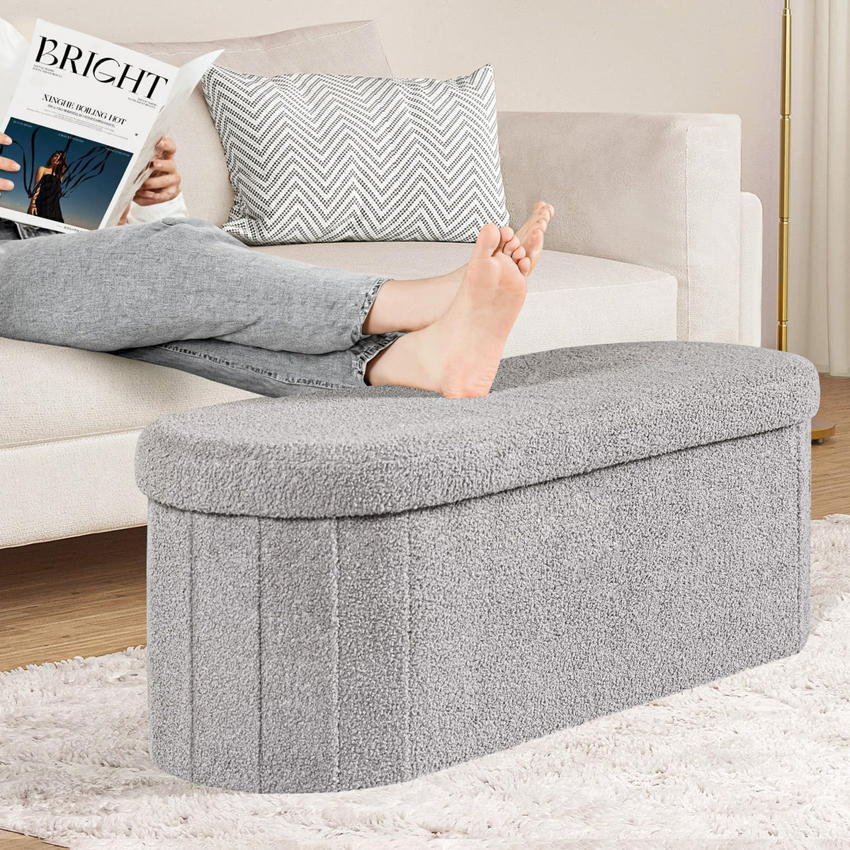 PINPLUS Foldable Oval Ottoman Storage Bench, Grey, 110x38x38 cm - image 5