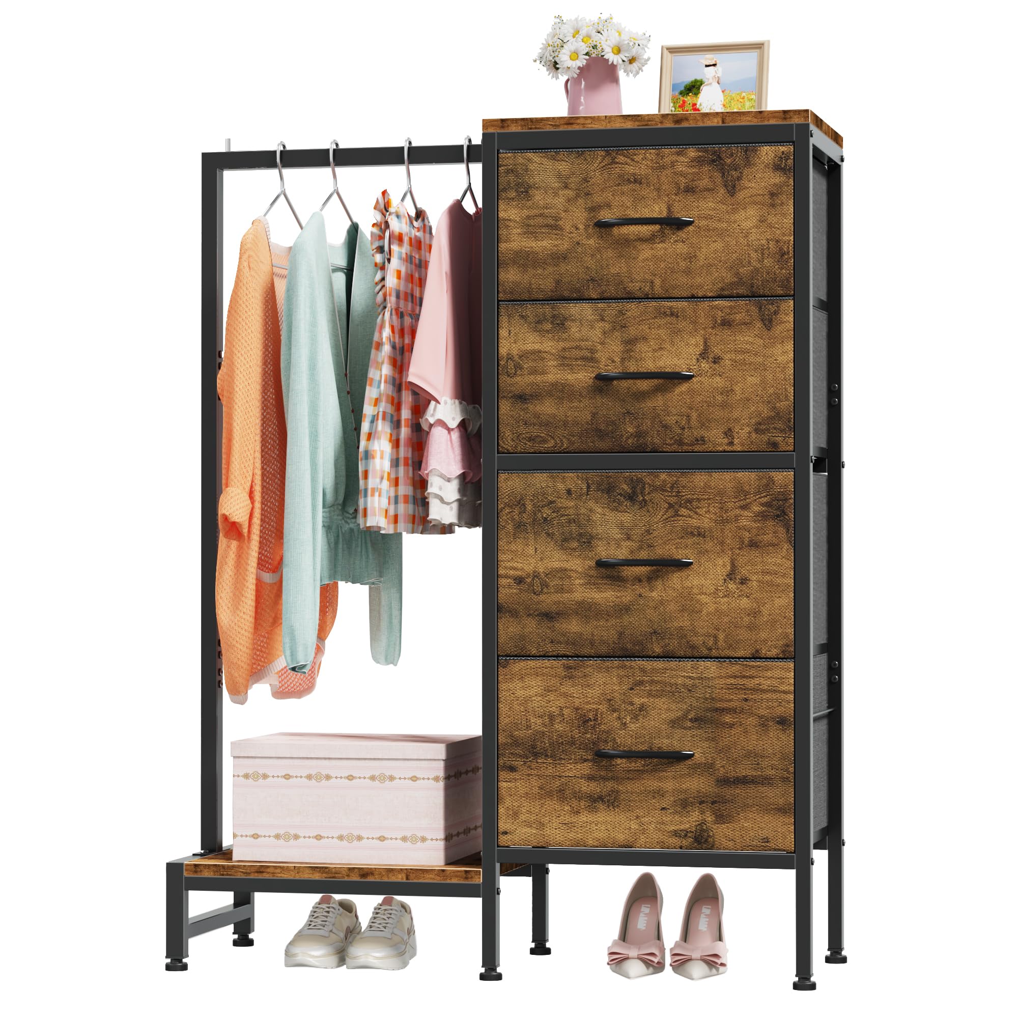 4 Drawer Tall Chest – Reversible Fabric Dresser with Clothes Rail