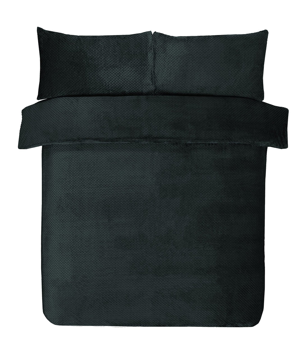 Sleepdown Waffle Teddy Fleece Thermal Duvet Cover Bedding Set - Black - Double