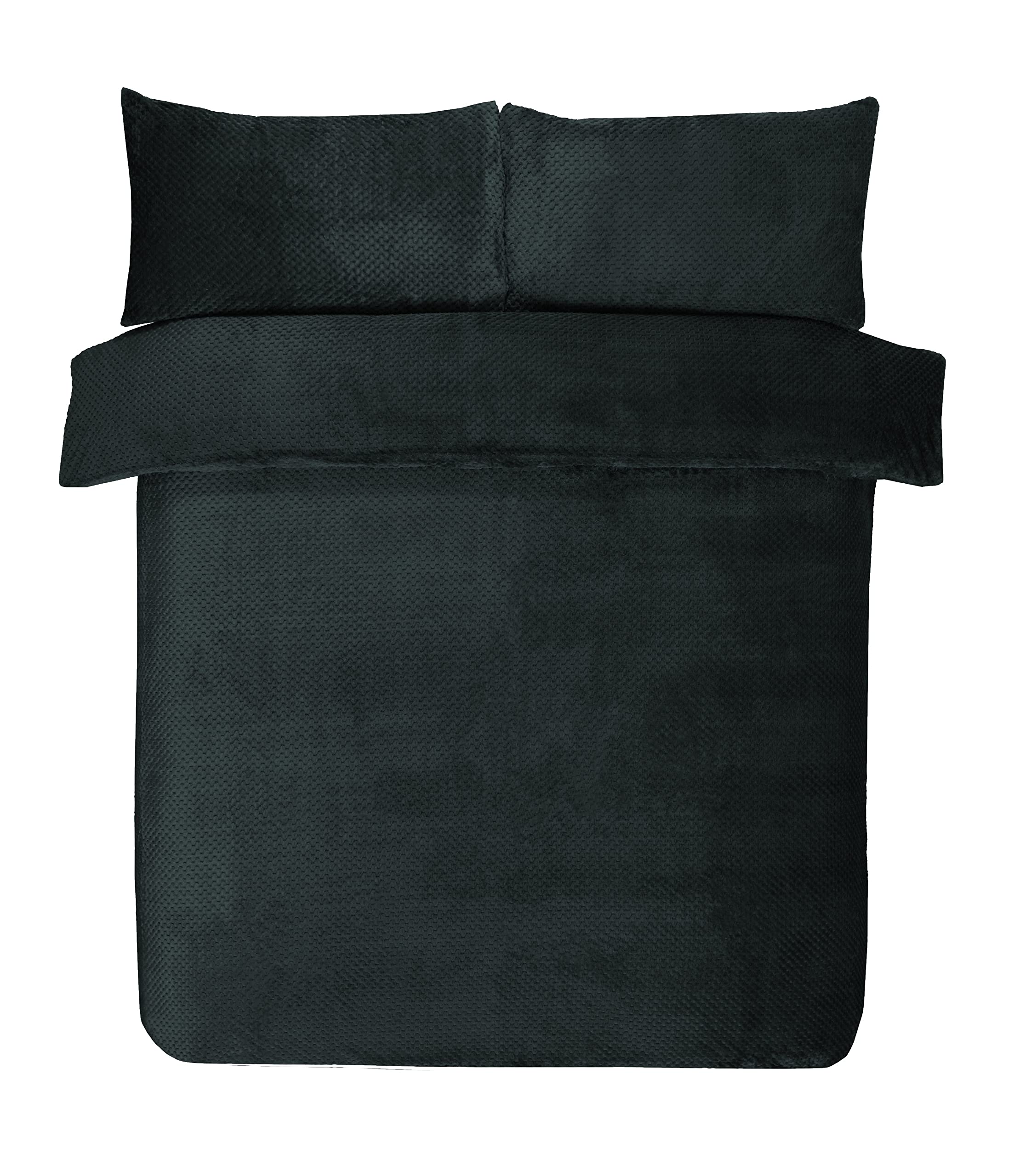 Sleepdown Waffle Teddy Fleece Thermal Duvet Cover Bedding Set - Black - Double