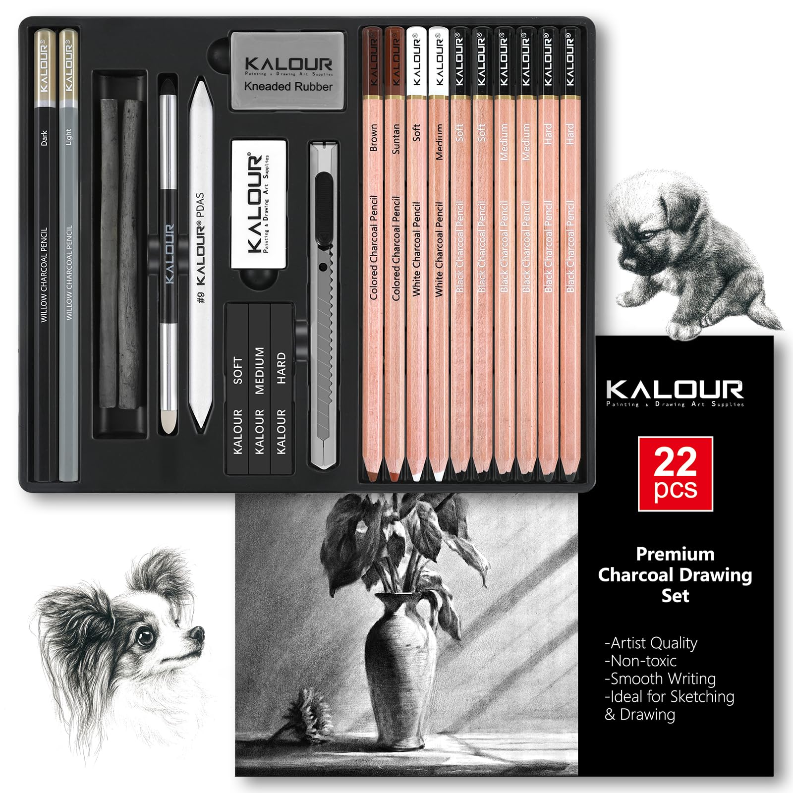 Kalour 22pcs Charcoal Drawing Set | Professional Sketching & Shading Kit