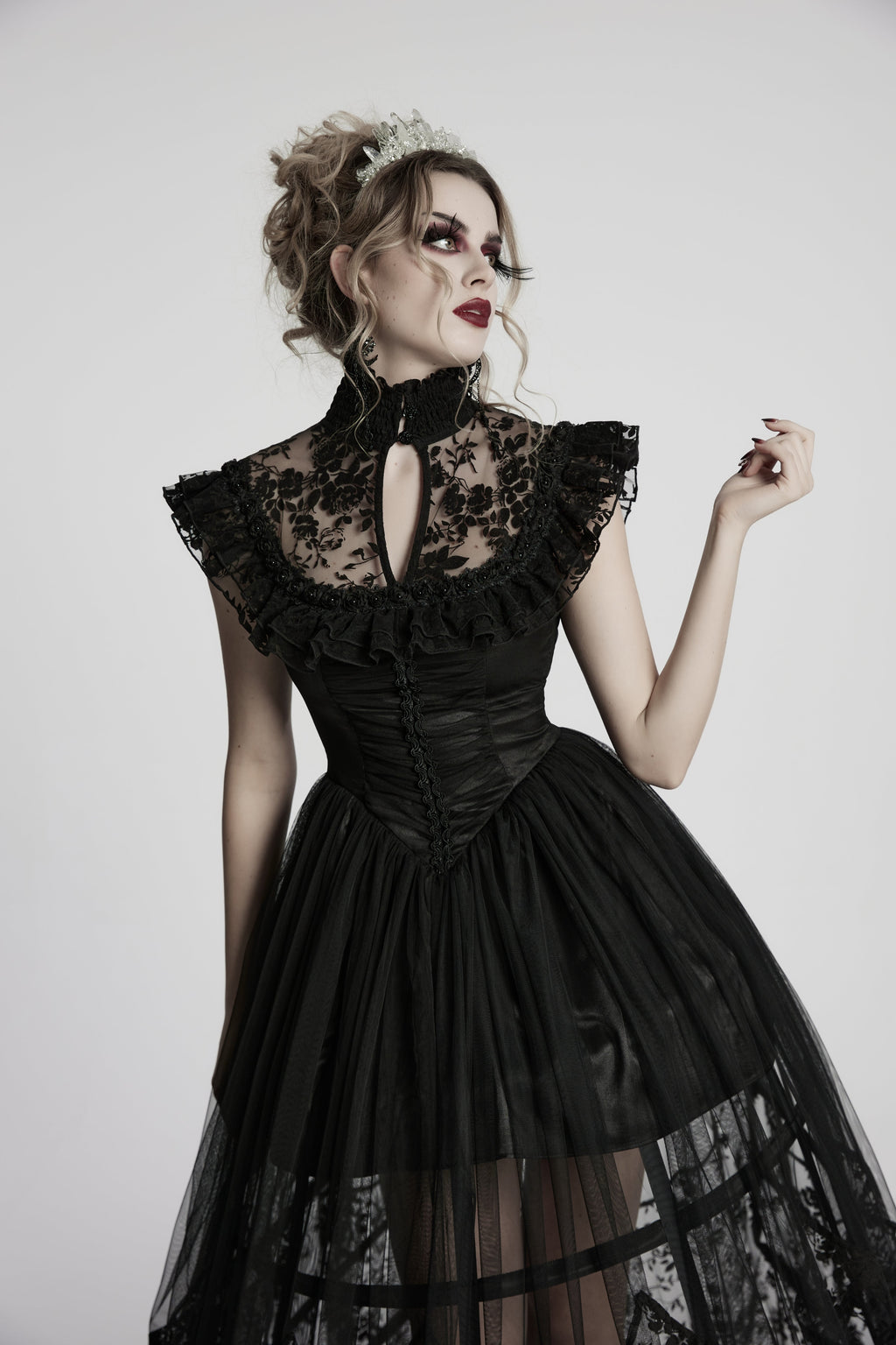 Punk Rave Seraphina Goth Dress – Velvet Floral Mesh Flying Sleeve