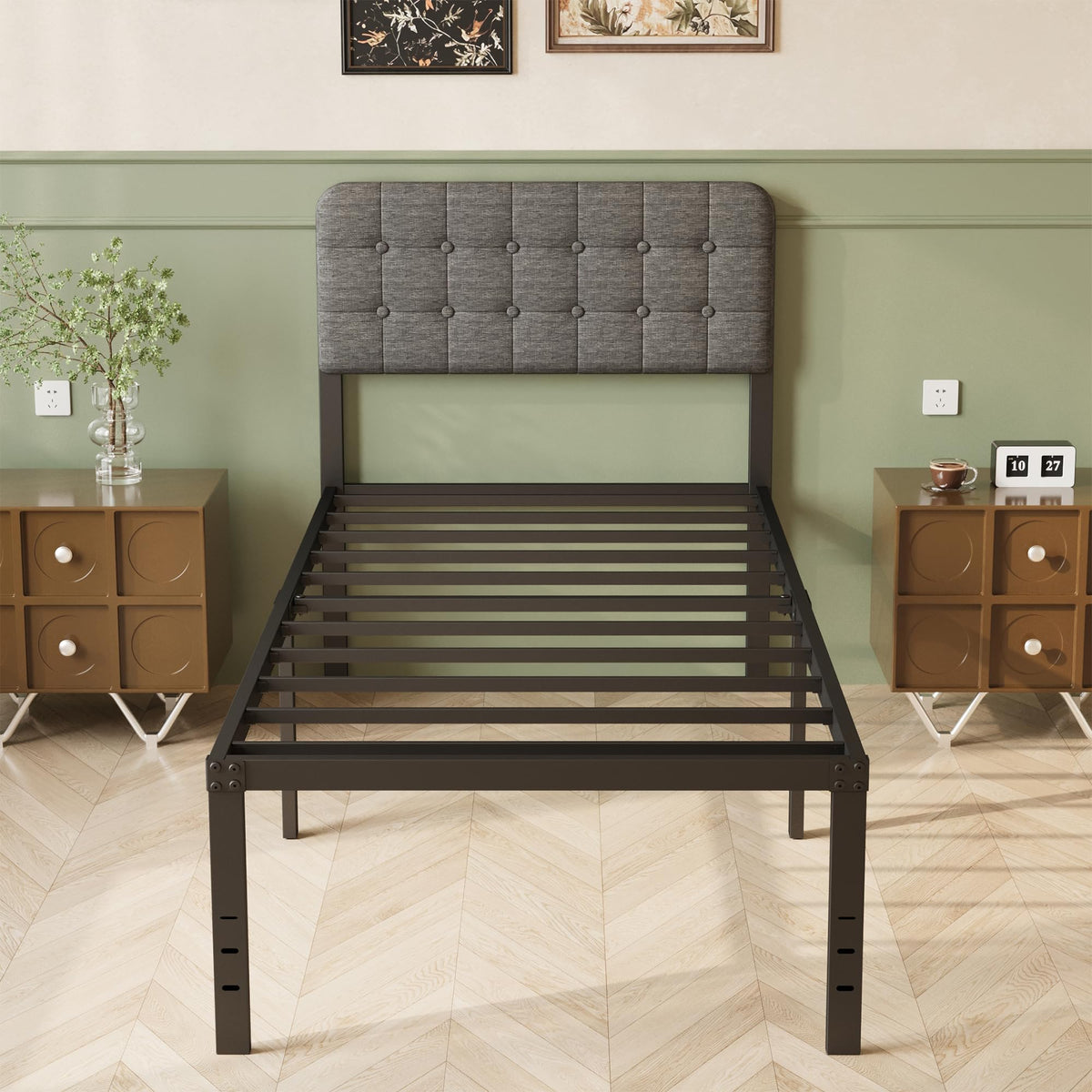 Lutown-Teen Single Bed Frame with Grey Upholstered Headboard - image 1