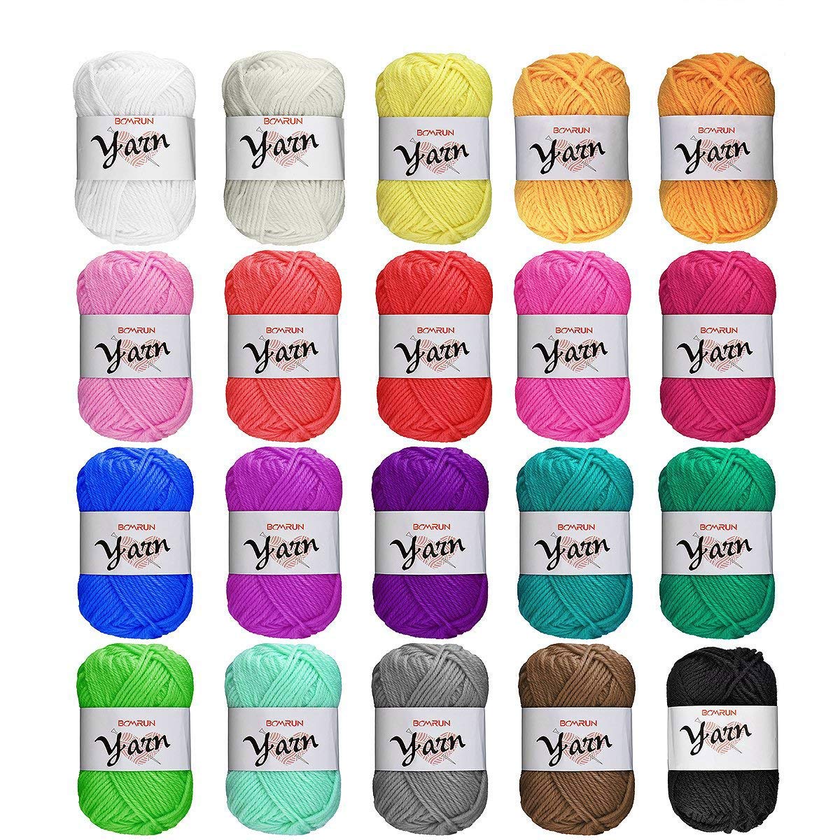 BCMRUN 20-Color Acrylic Yarn Skeins for Crochet and Knitting – 1000 Yards