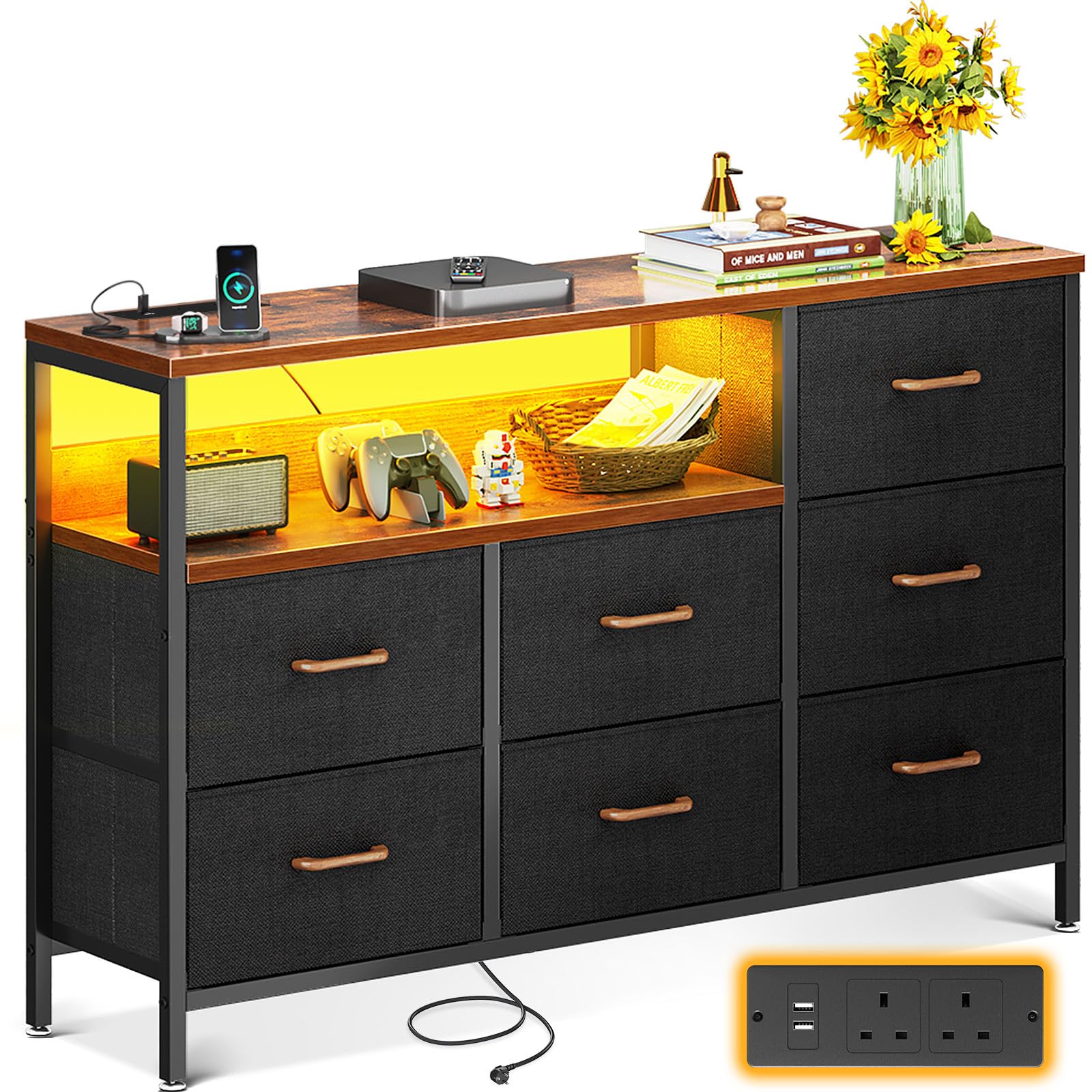 Coleshome 7 Drawer Dresser with LED Lights and USB Ports – Retro Fabric Chest