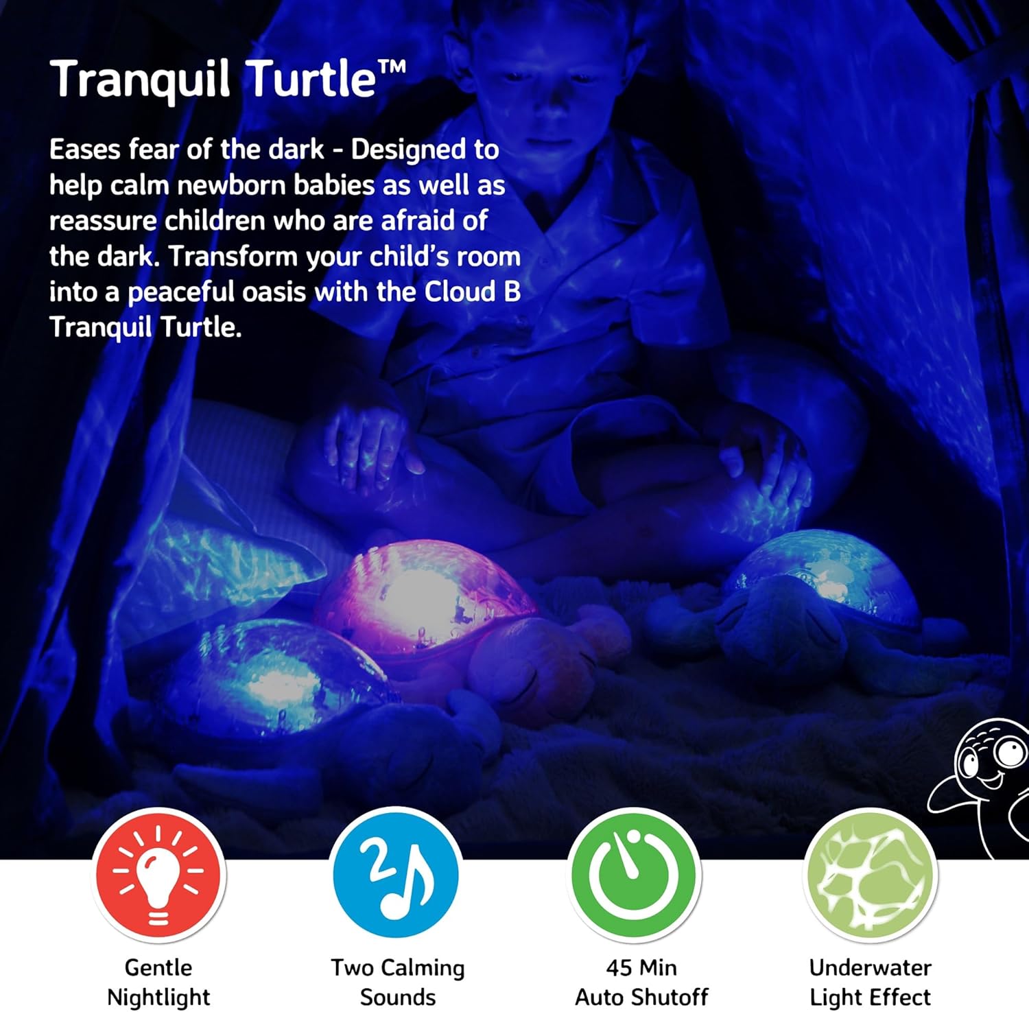 Cloud B Tranquil Turtle Rechargeable Projector Nightlight with White Noise Soothing Sounds - Ocean Blue