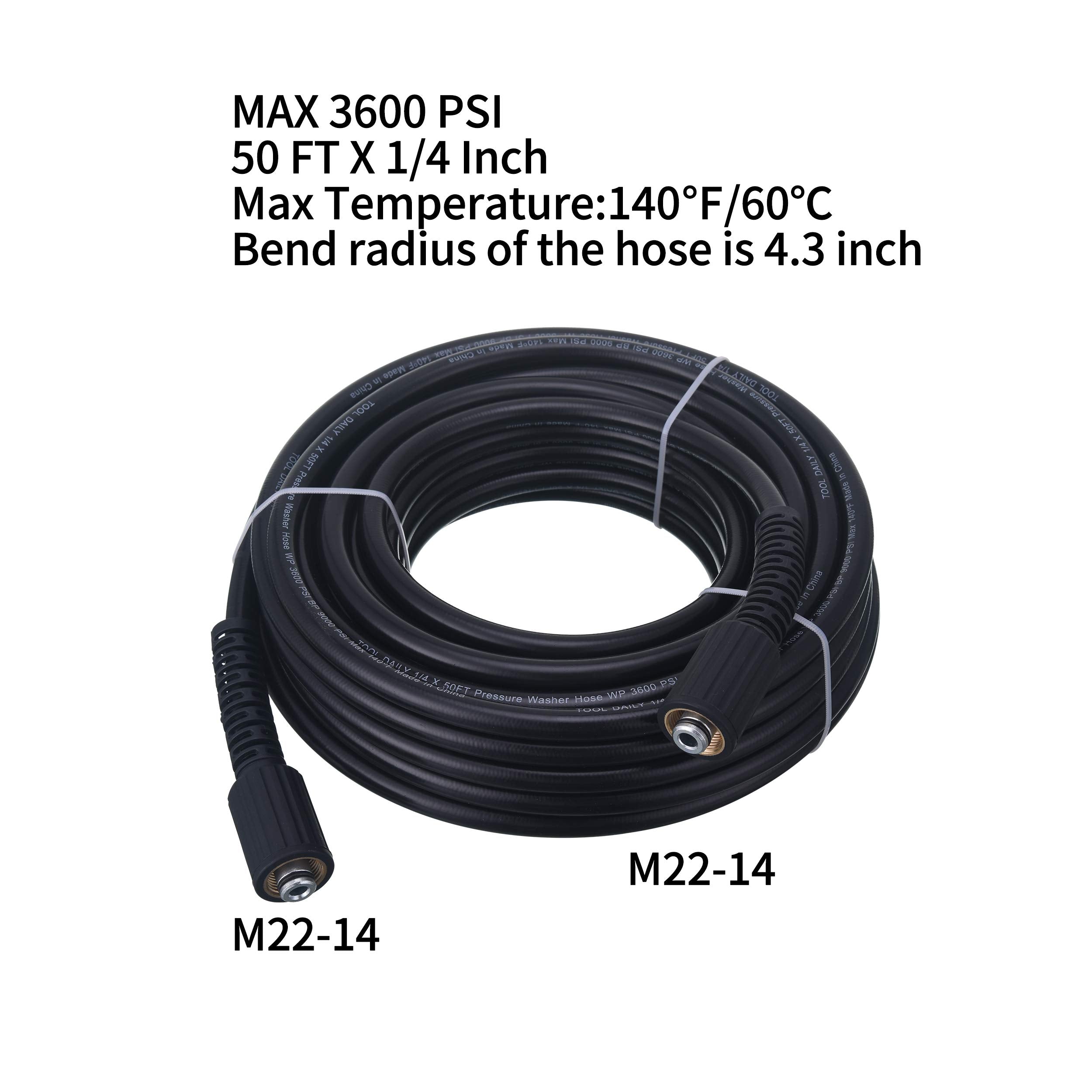 Tool Daily Pressure Washer Hose | 50 FT x 1/4 Inch | 3600 PSI M22 14mm