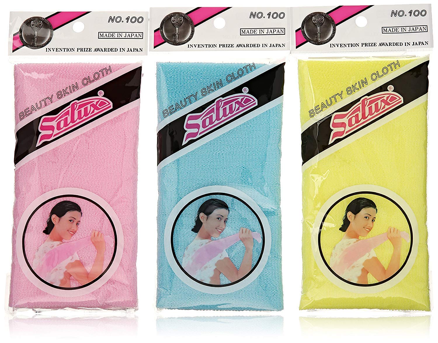 Salux Nylon Japanese Beauty Skin Bath Wash Cloth - 3 Pack Multi-Color