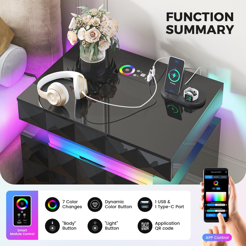 FREDEES RGB Bedside Table with Hidden Drawer for Bedroom, Black - image 3
