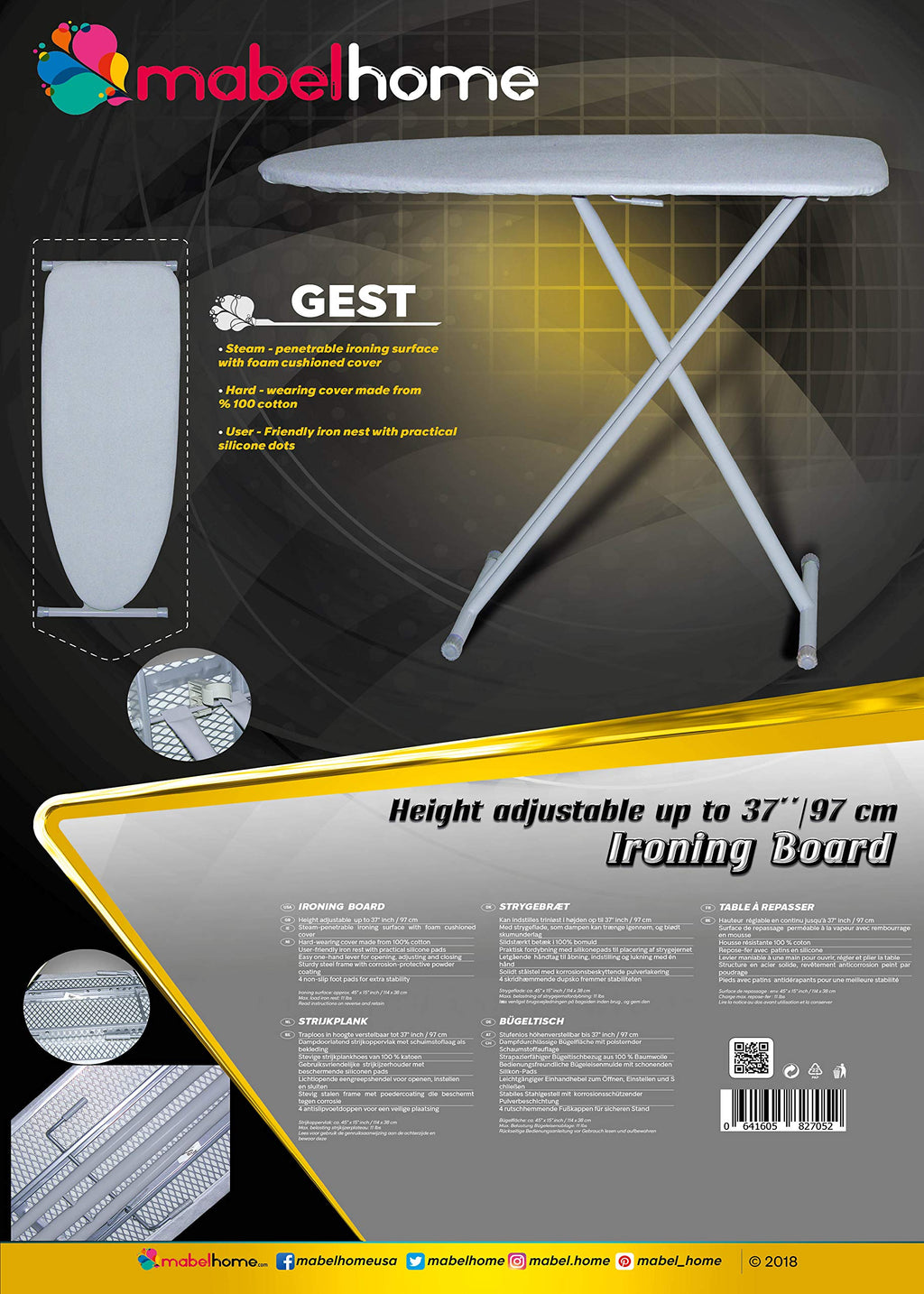 Mabel Home Ergo T-Leg Ironing Board - 45x15 Inch with Extra Cover, Grey