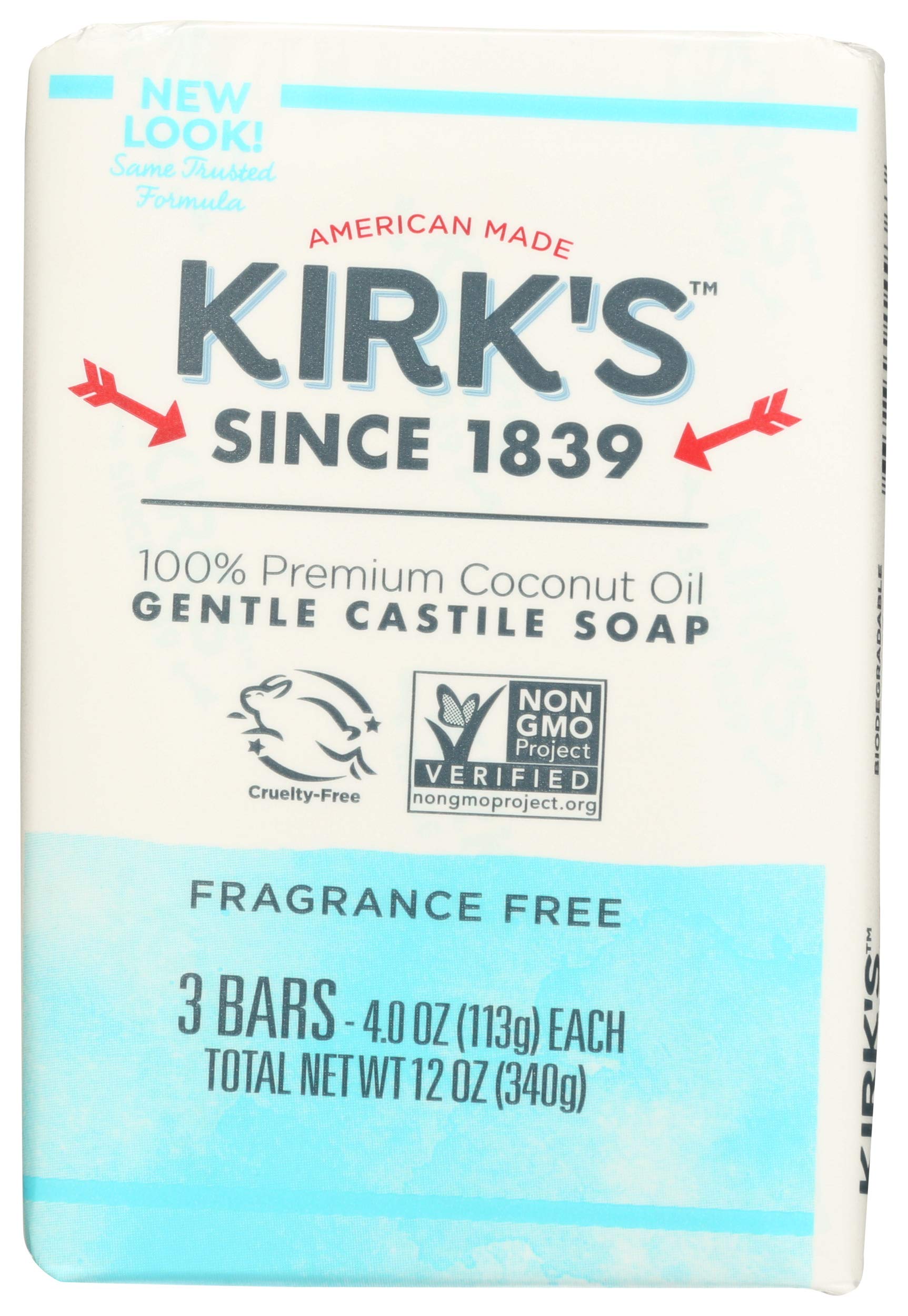 Kirk's Coco Castile Bar Soap – Fragrance-Free Natural Coconut Oil – 3 Pack