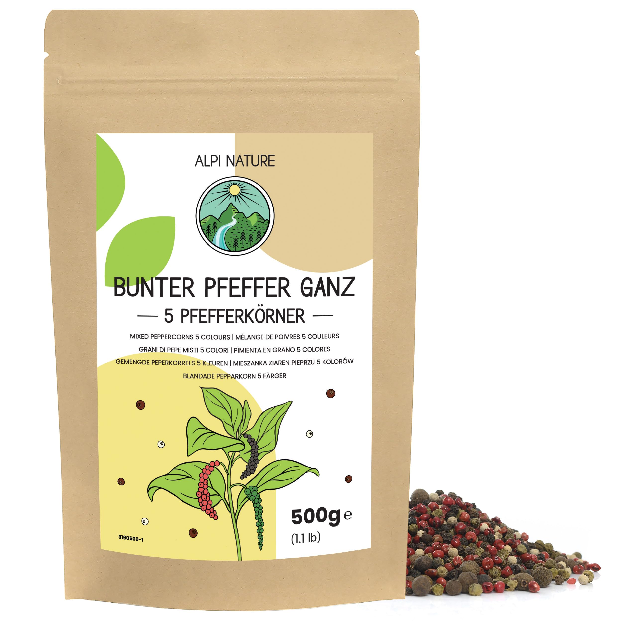 Alpi Nature Mixed Peppercorns with Allspice – 5 Colour Whole Spice Blend 500g