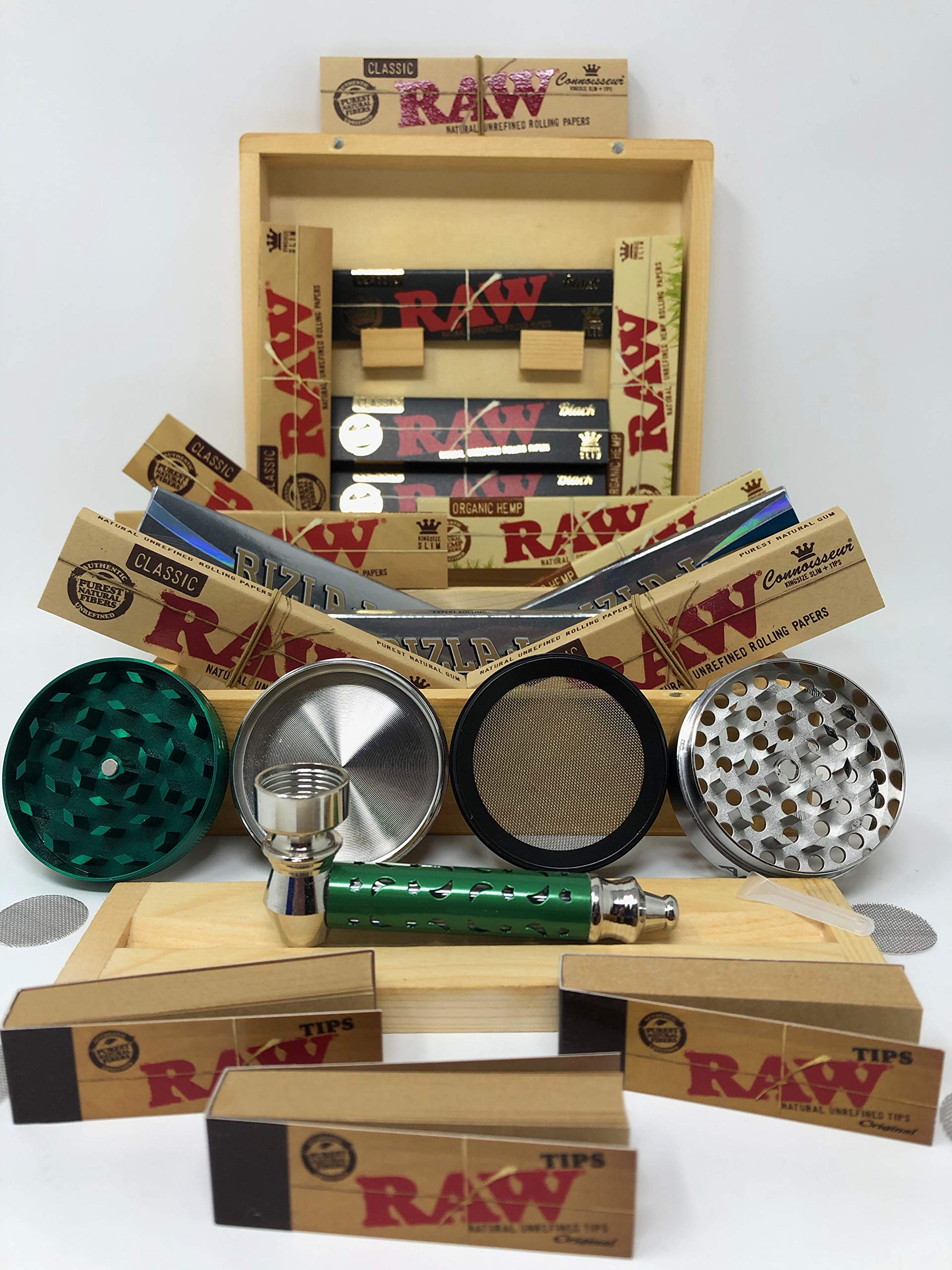 Raw & Rizla Wooden Rolling Box Gift Set with Grinder and Papers