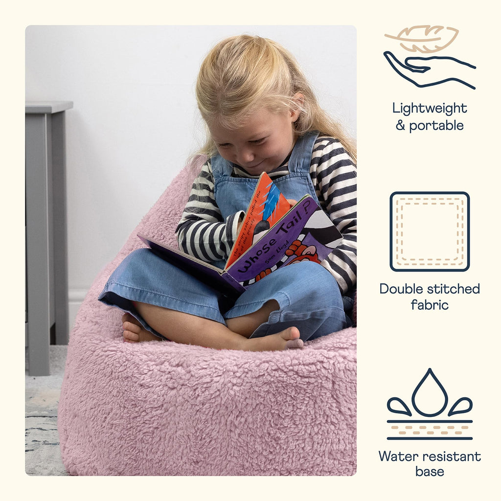 icon Kids Teddy Fleece Bean Bag Chair | Pink Fluffy Armchair with Filling