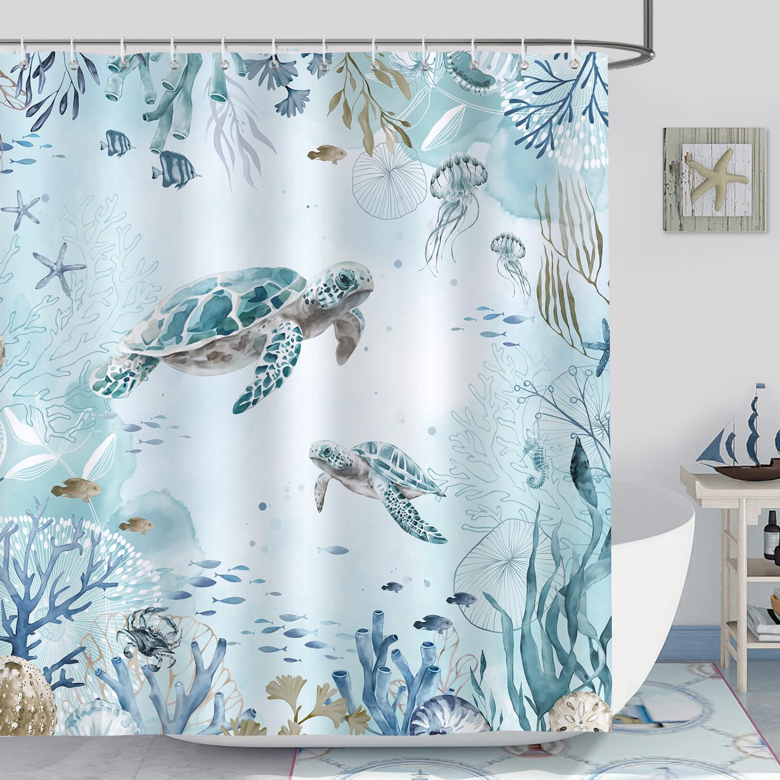 Bonhause Sea Turtle Shower Curtain | Teal Blue Coastal Polyester – 72x72"