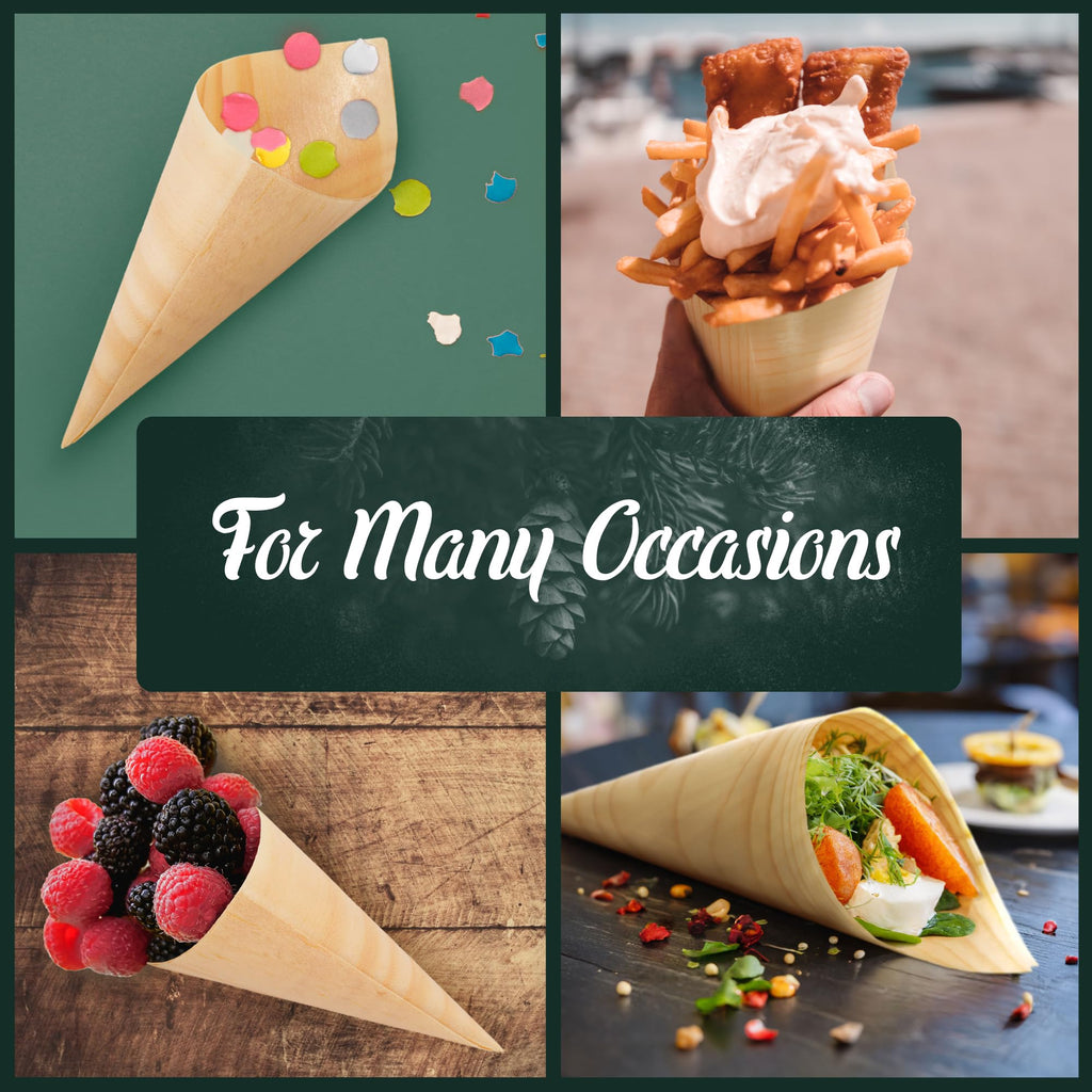 BambooMN Disposable Pine Wood Food Cones – 7.1" Tall, 300 Pieces