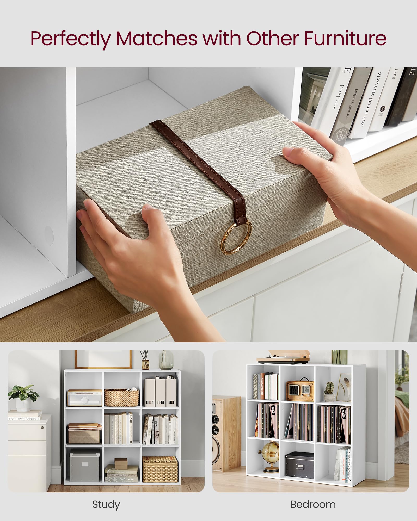 VASAGLE 9-Cube Bookcase – Modern Storage Shelf for Home Office, Cloud White