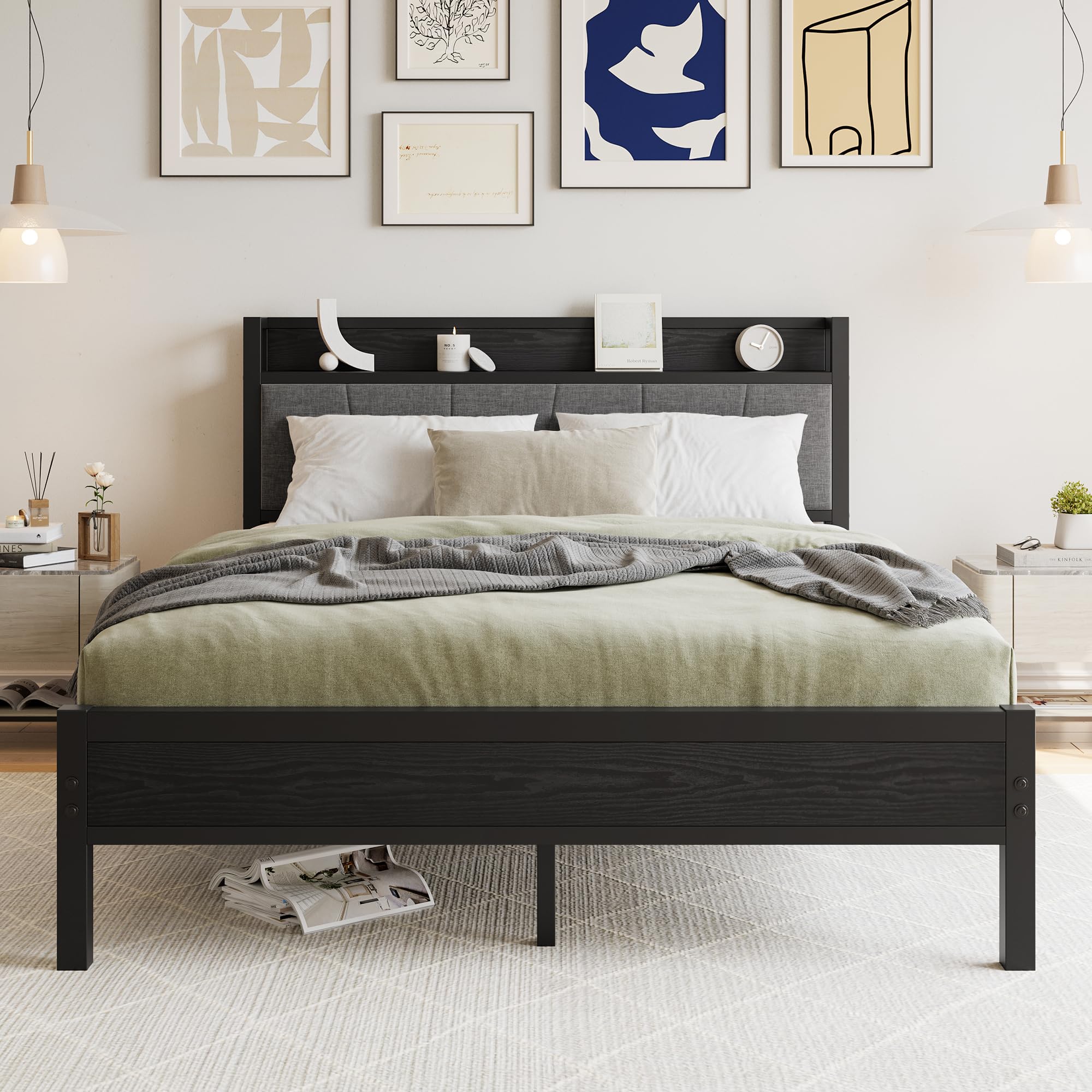 BORPHOM King Bed Frame | Heavy Duty Metal Platform with Storage Headboard