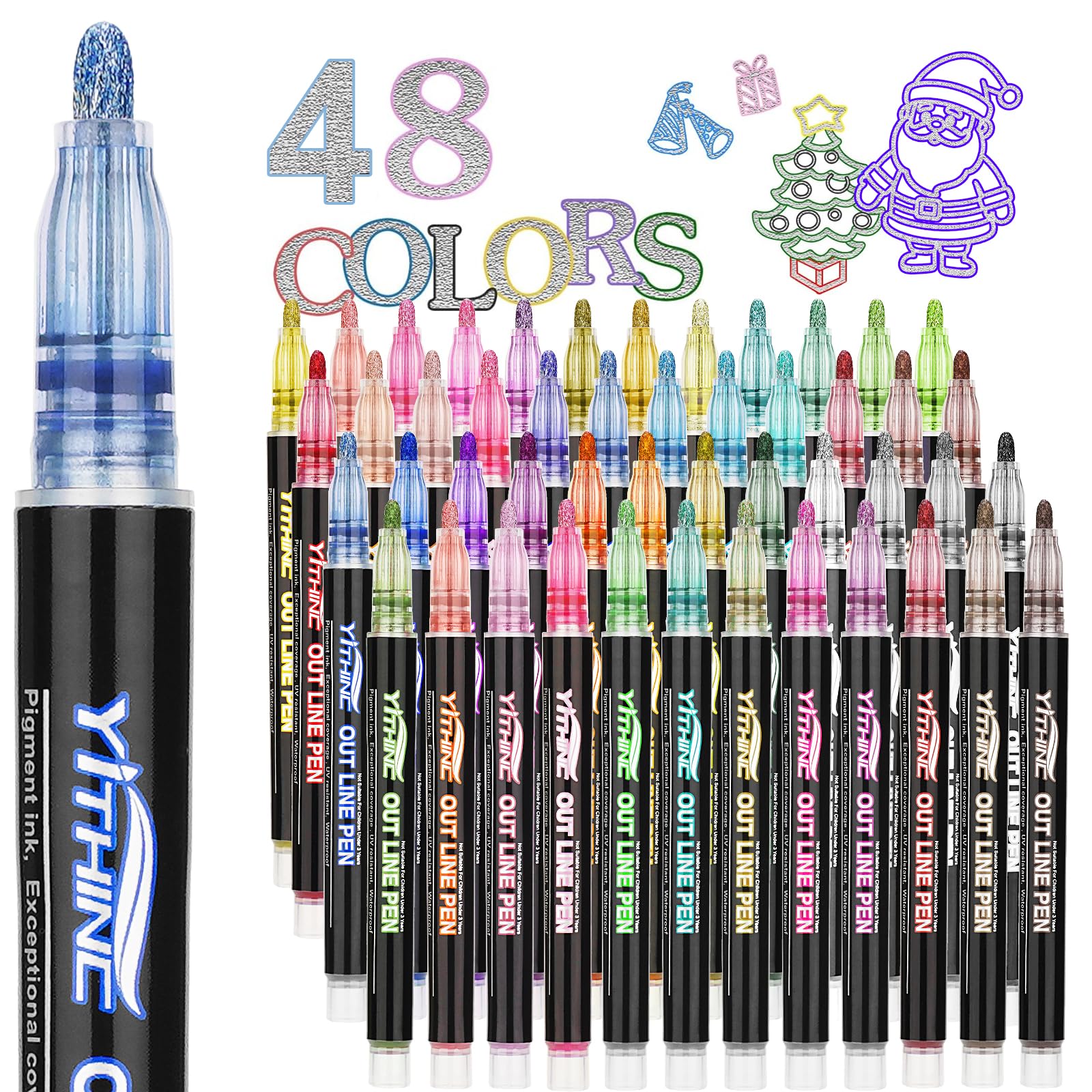 YITHINC 48 Color Glitter Outline Markers – Metallic Sparkle Pens for Kids