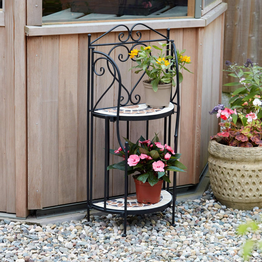 Jolof Store Sunflower Mosaic Metal Plant Stand – Black 2-Tier Shelf