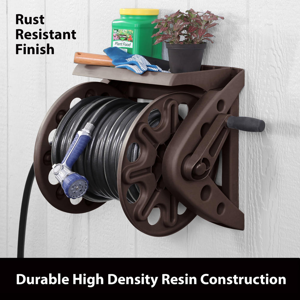 Liberty Basics Wall Mounted Garden Hose Reel with Shelf - Bronze Resin
