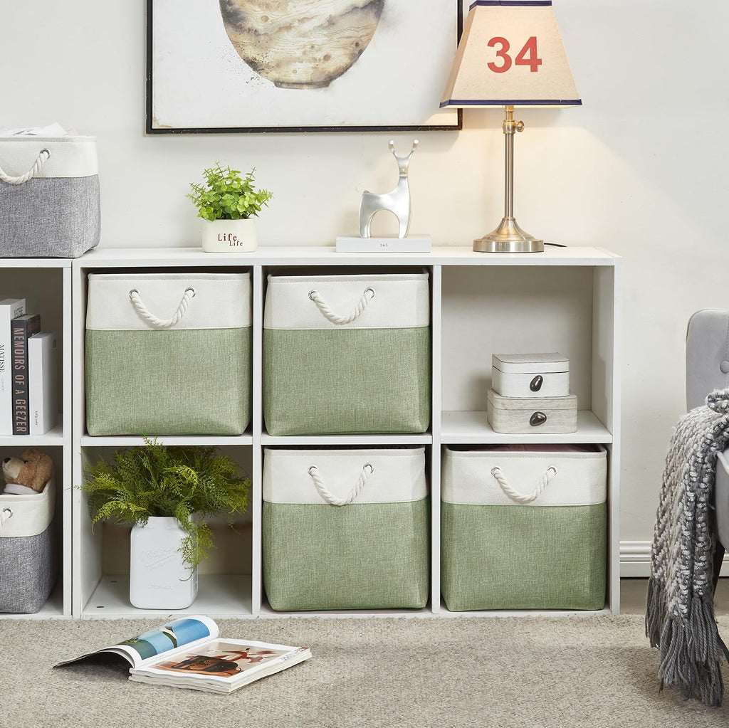 SOCOHOME Fabric Cube Storage Boxes,30x30x30cm Canvas Storage Baskets for Nursery Closet Toys ShelfGreen/White, Set of 3