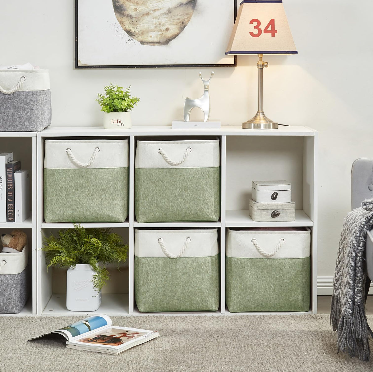 SOCOHOME Fabric Cube Storage Boxes,30x30x30cm Canvas Storage Baskets for Nursery Closet Toys ShelfGreen/White, Set of 3