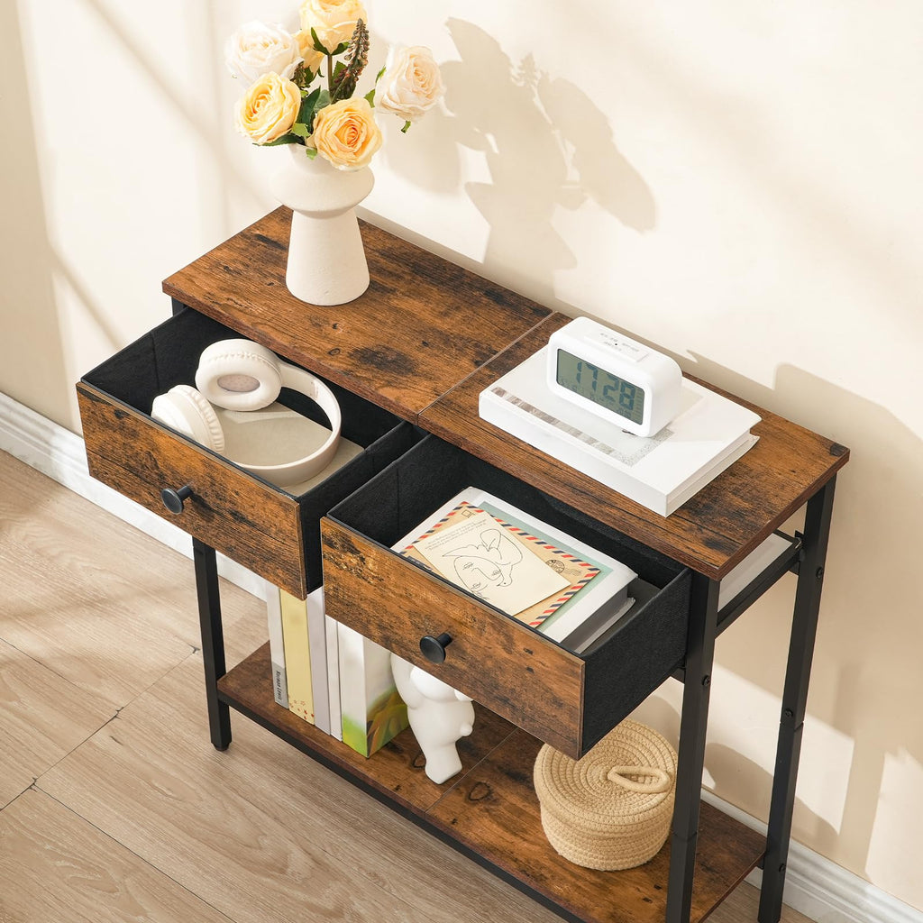 HOOBRO Slim Console Table – Narrow Industrial Hallway Table with 2 Drawers