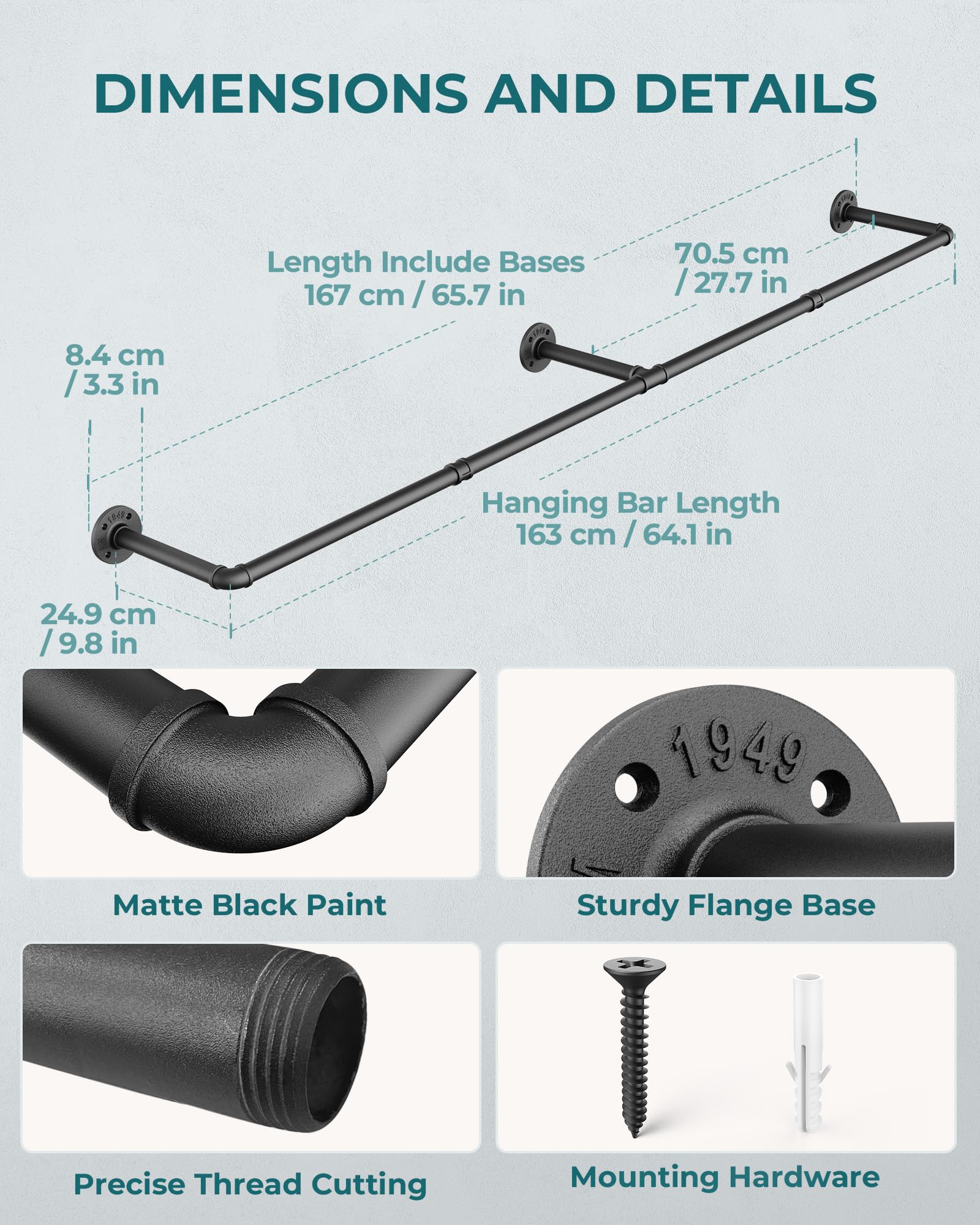 OROPY Industrial Pipe Clothes Rail | 167cm Heavy Duty Wall Mounted Rack