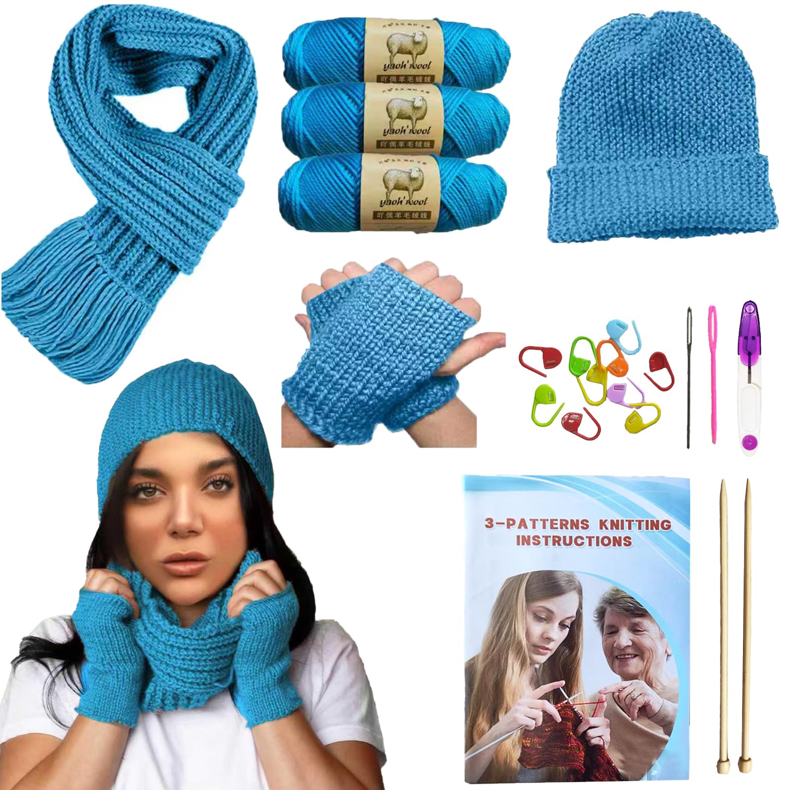 Kaaper Knitting Kit for Beginners - Blue Wool Starter Set with 3 Projects