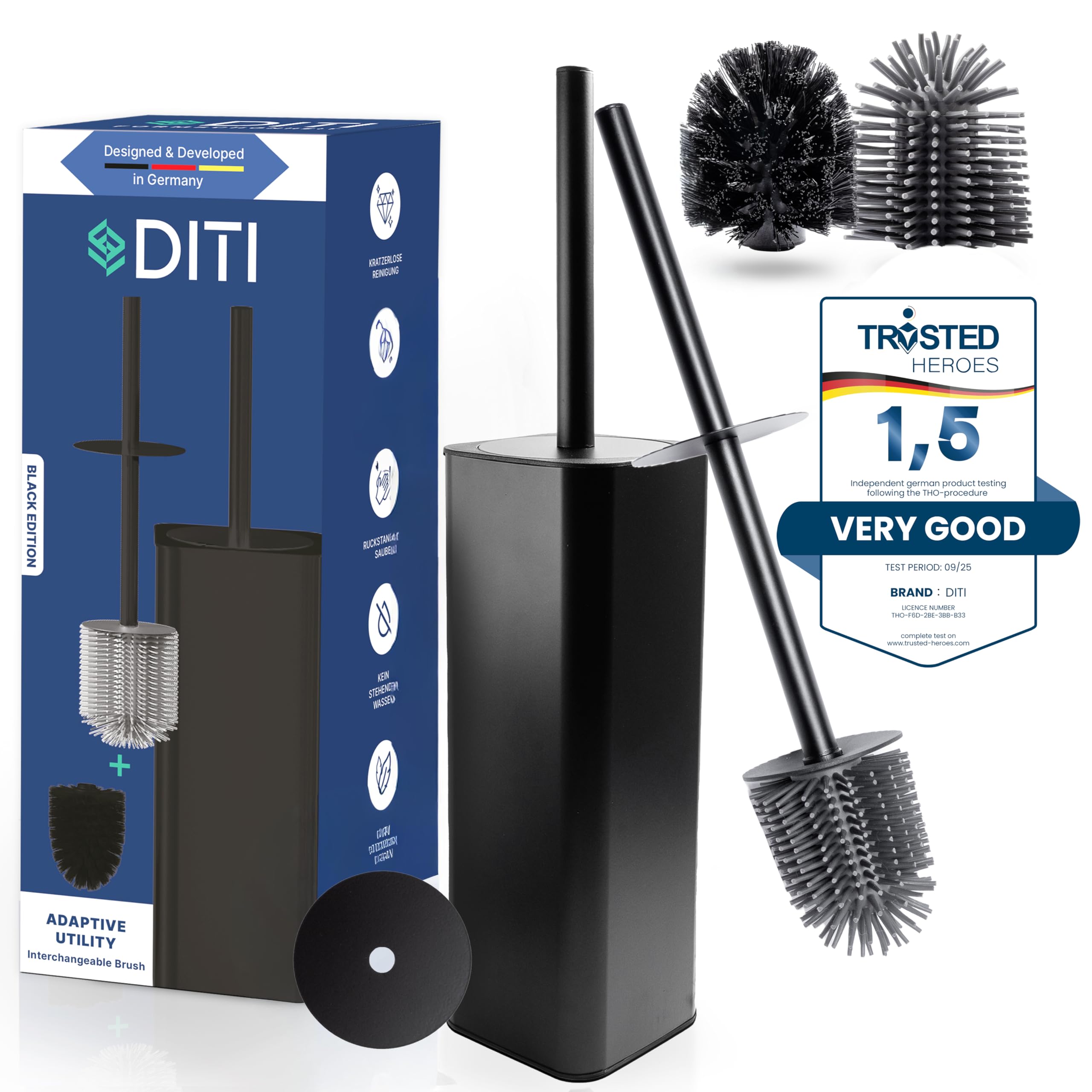 DITI Stainless Steel Toilet Brush - Black Square Silicone Set with Holder
