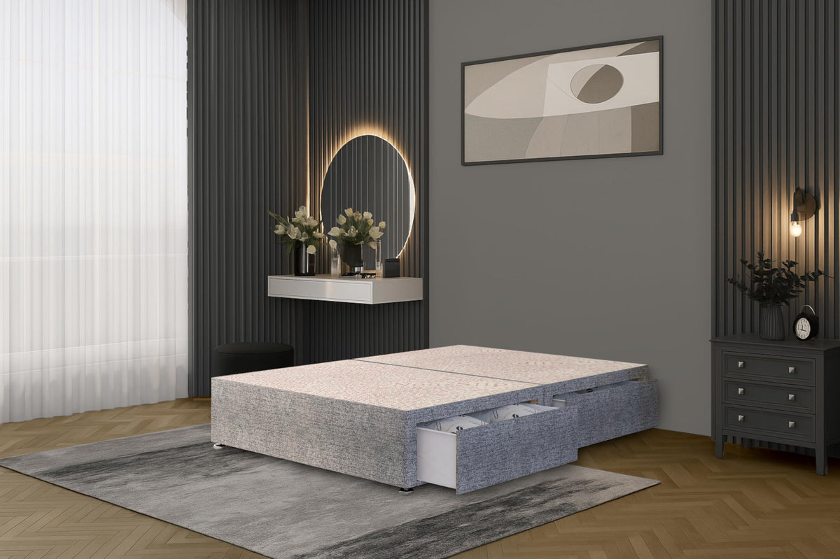 Bed Centre Flexby Divan Bed Base Only with 2 Drawers Same Side, No Headboard - Available in 3FT, 4FT, 5FT & 6FT 3FT Single, Tweed Grey Fabric