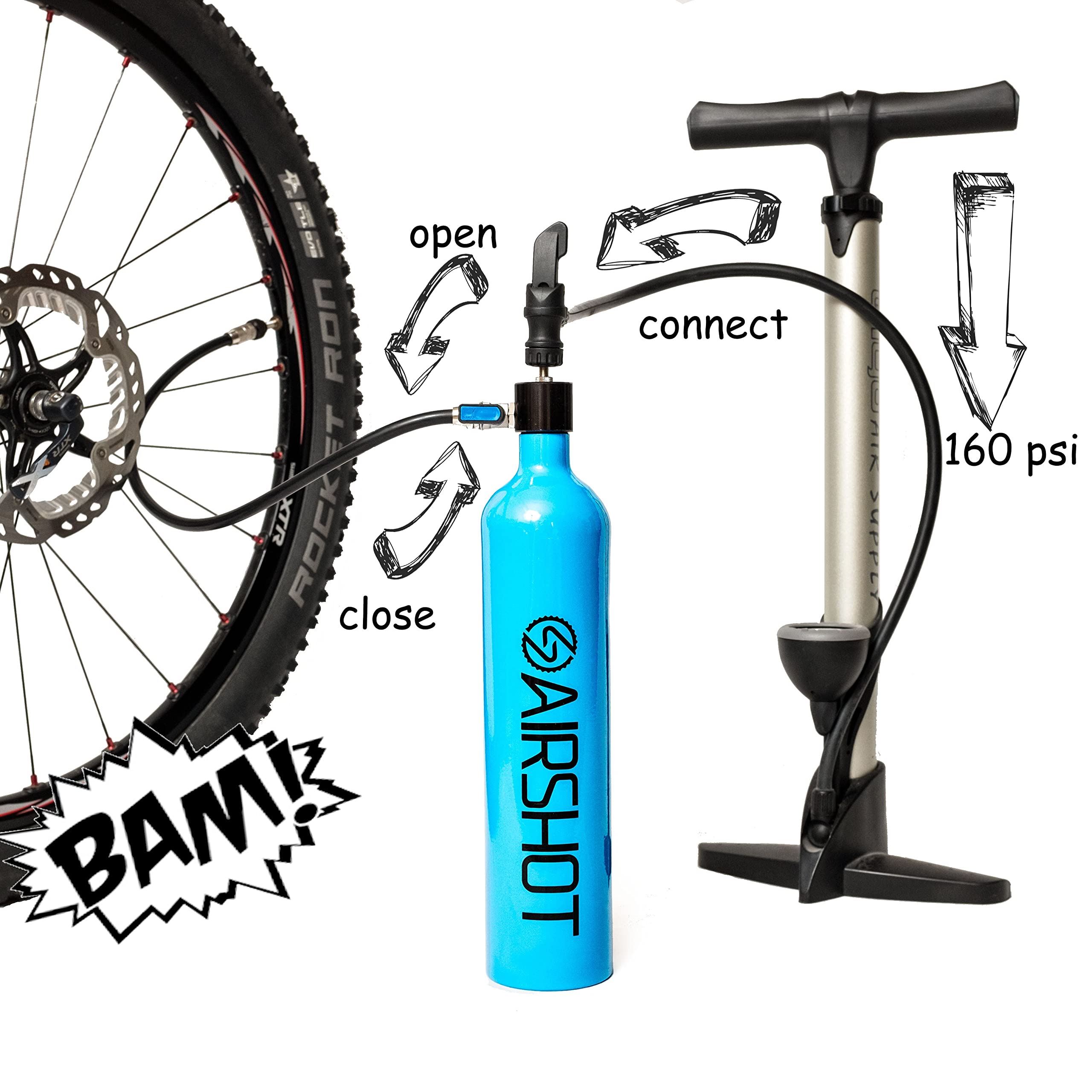 Airshot Tubeless Inflator Tank for Bicycle Tires – Blue, 30oz Capacity