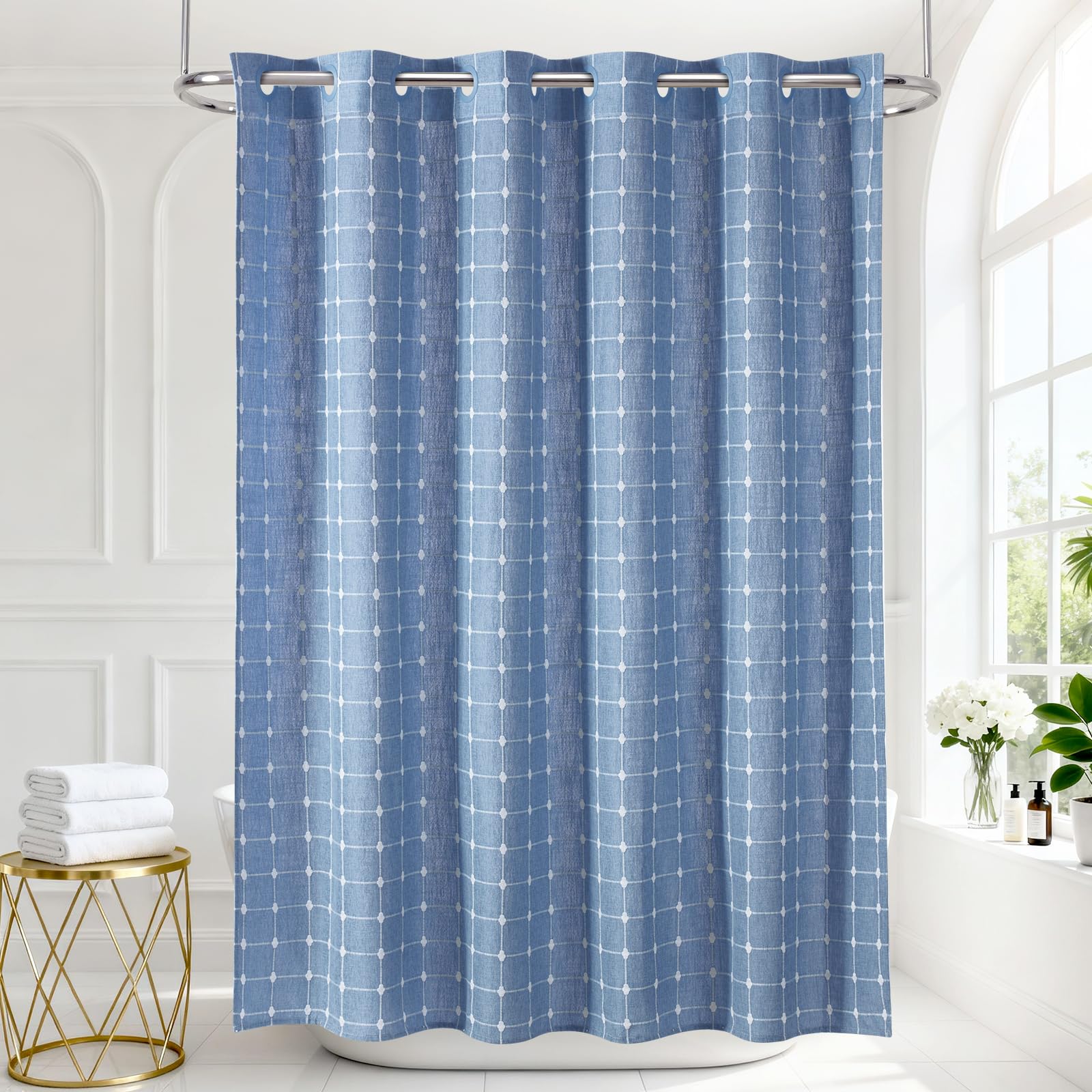 VANZAVANZU Hookless Plaid Shower Curtain | Waterproof Boho Farmhouse Fabric