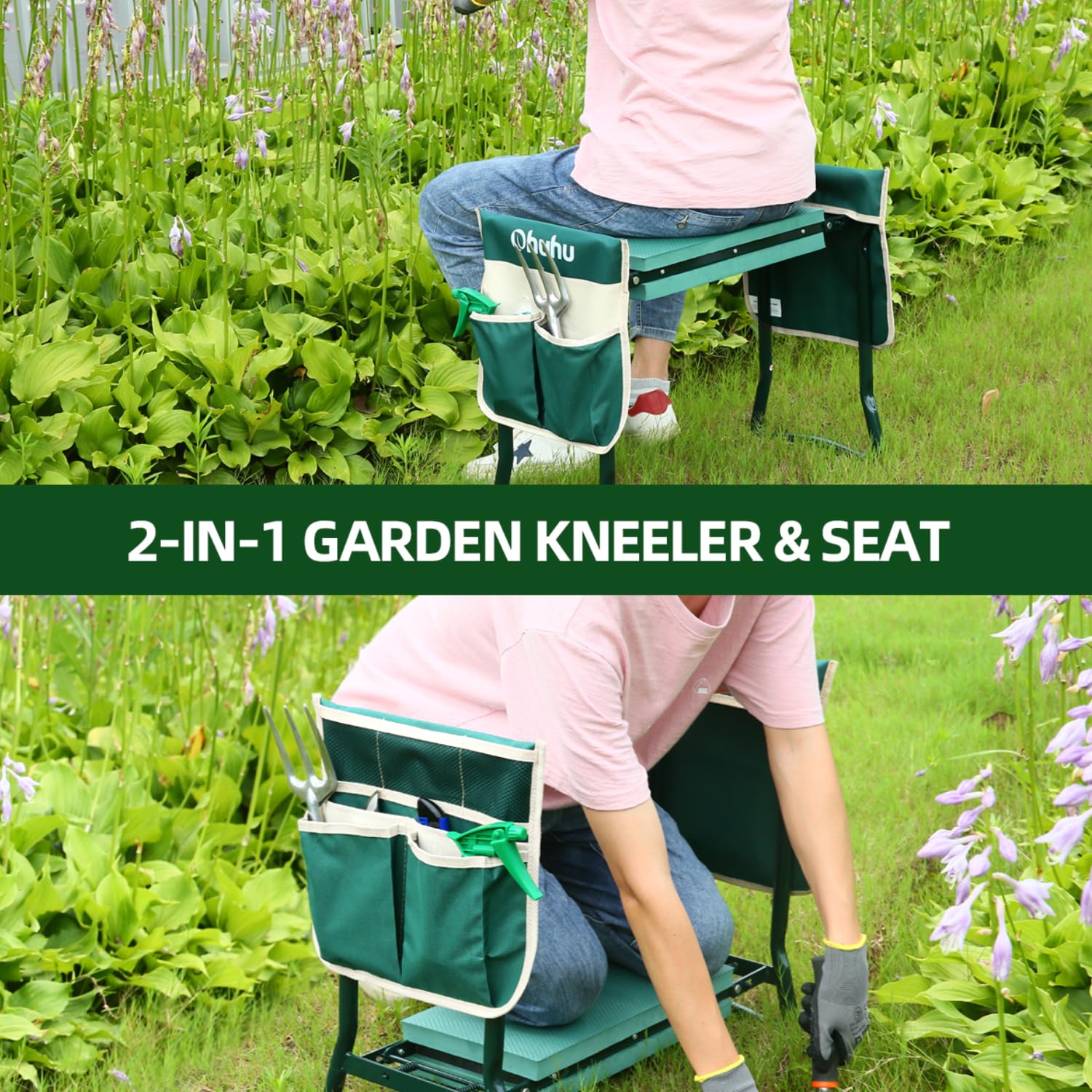 Ohuhu Garden Kneeler and Seat | Foldable Stool with EVA Pad & 2 Tool Bags