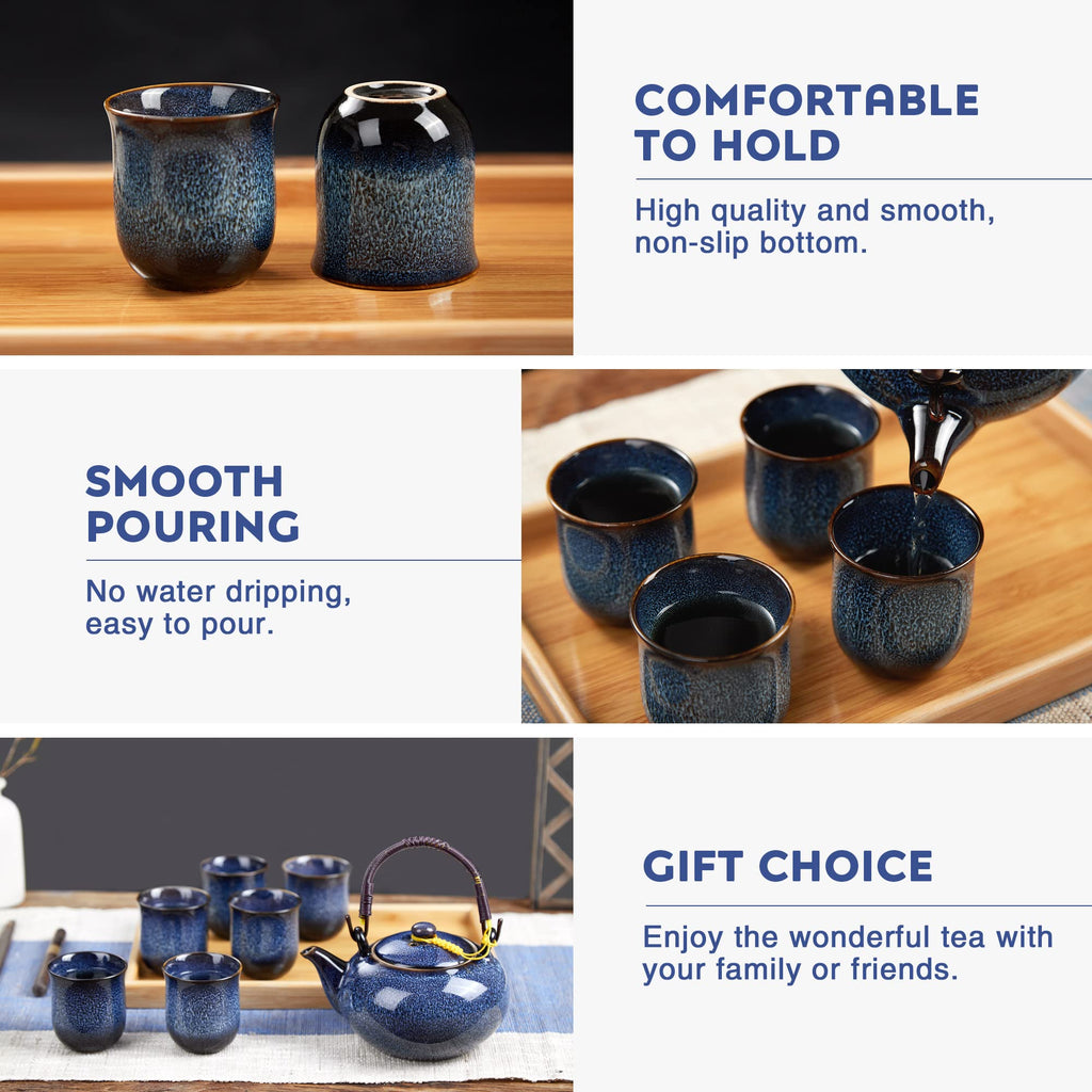 DUJUST Japanese Tea Set for 6 | Kiln Glaze Porcelain Teapot with Bamboo Tray