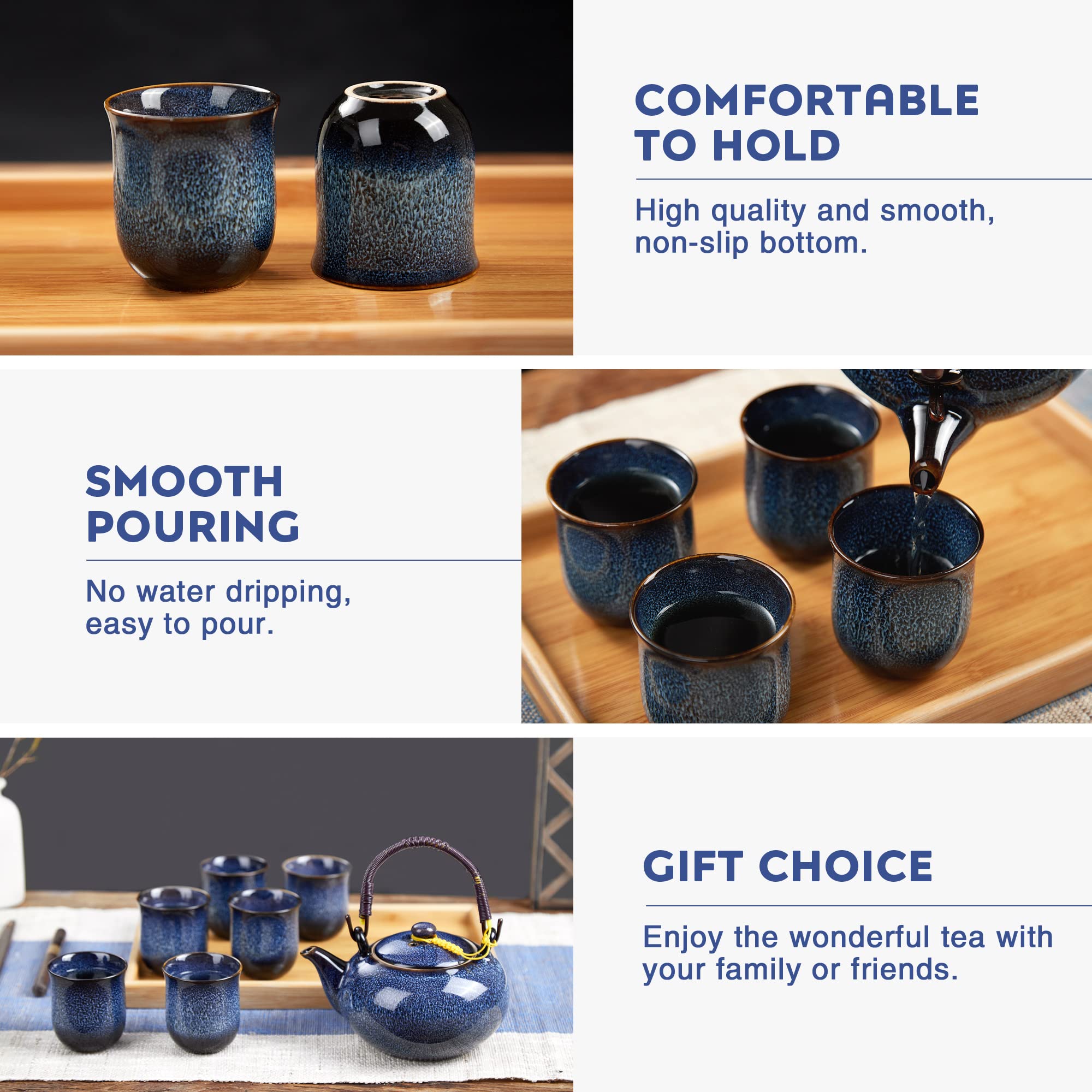 DUJUST Japanese Tea Set for 6 | Kiln Glaze Porcelain Teapot with Bamboo Tray