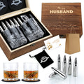 Exreizst Stainless Steel Whiskey Stones and Glass Gift Set with Wood Box