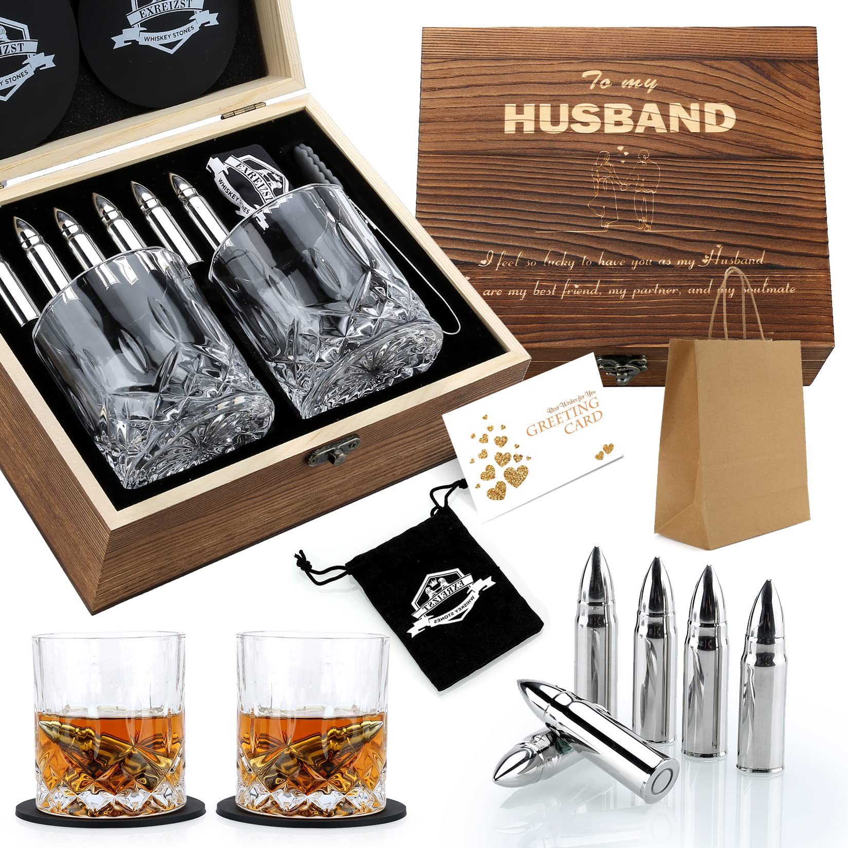 Exreizst Stainless Steel Whiskey Stones and Glass Gift Set with Wood Box