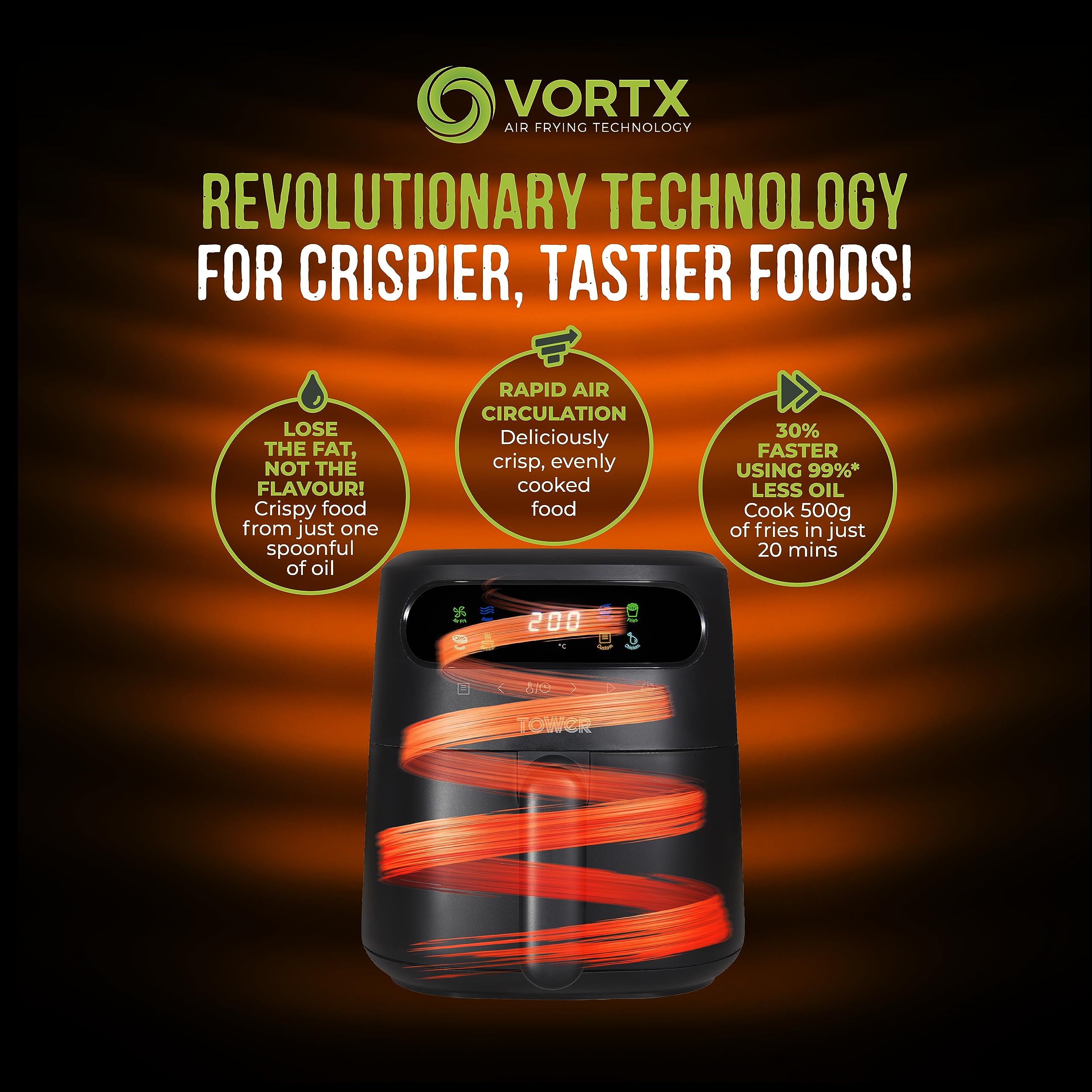 Tower T17125 Vortx 3L Air Fryer | Digital Display & 7 Pre-sets – Black