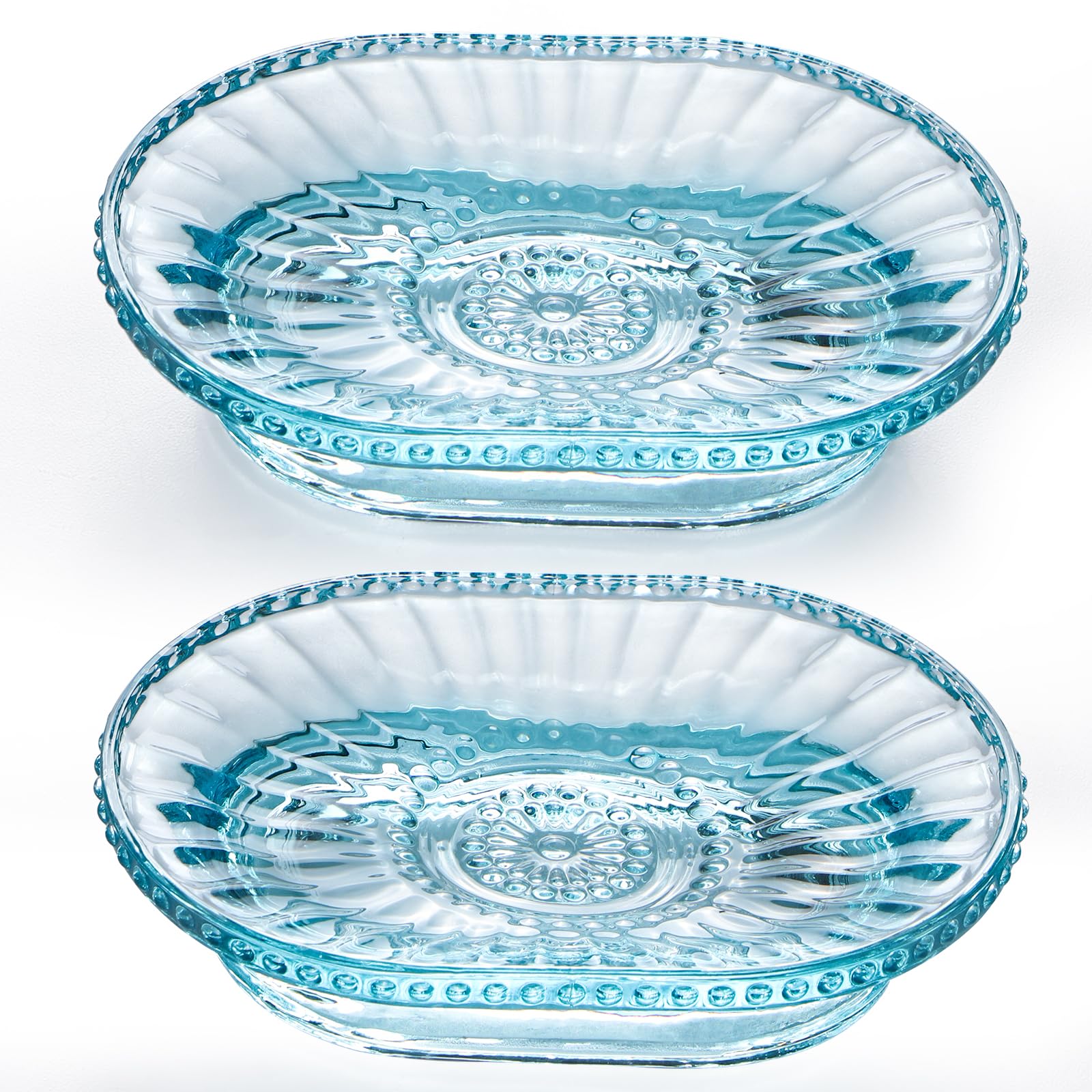 BIMUYI Glass Soap Dish Holder | Embossed Blue Glass Soap Tray | Pack of 2