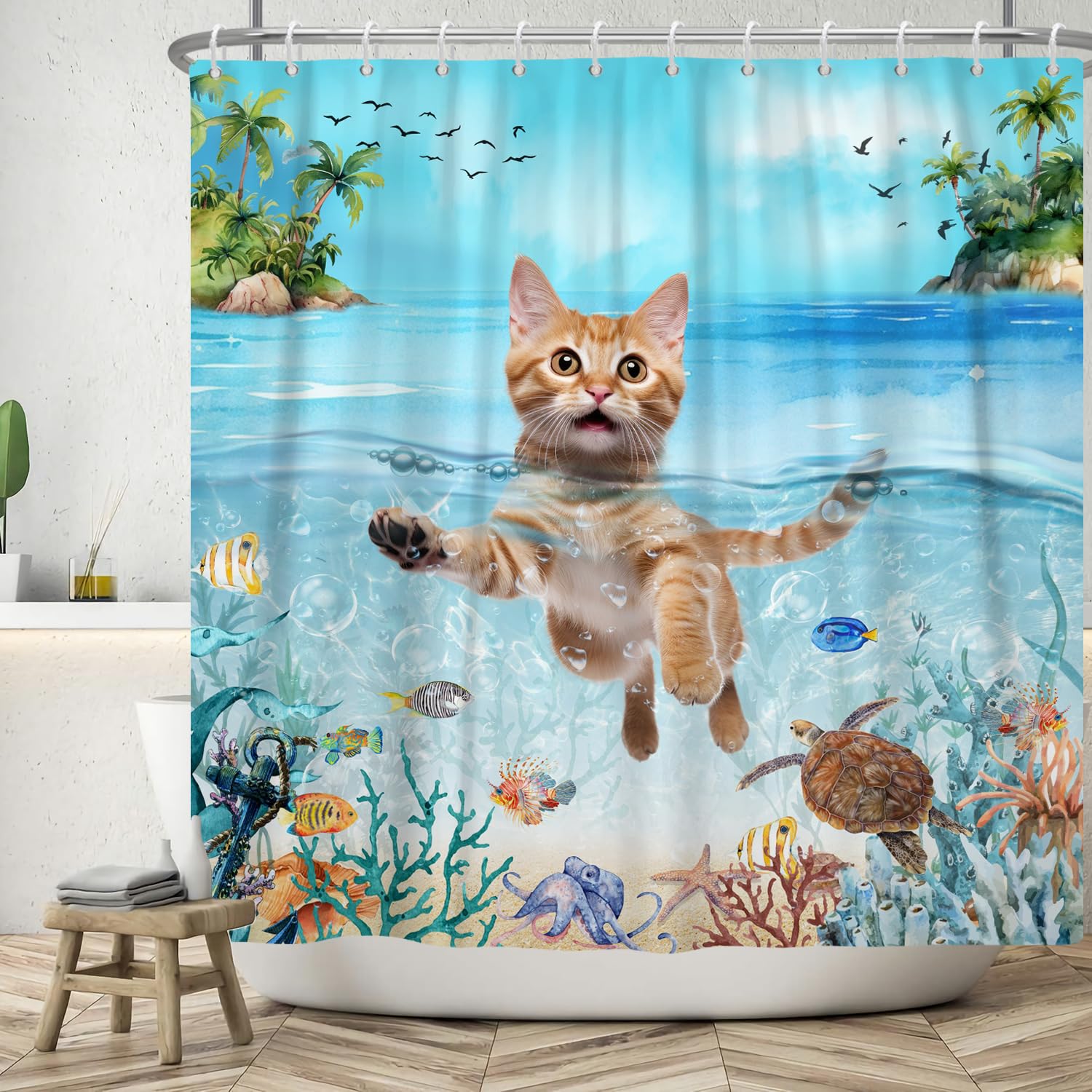 Jolof Store Funny Cat Shower Curtain | Waterproof Polyester | 180 x 200 cm